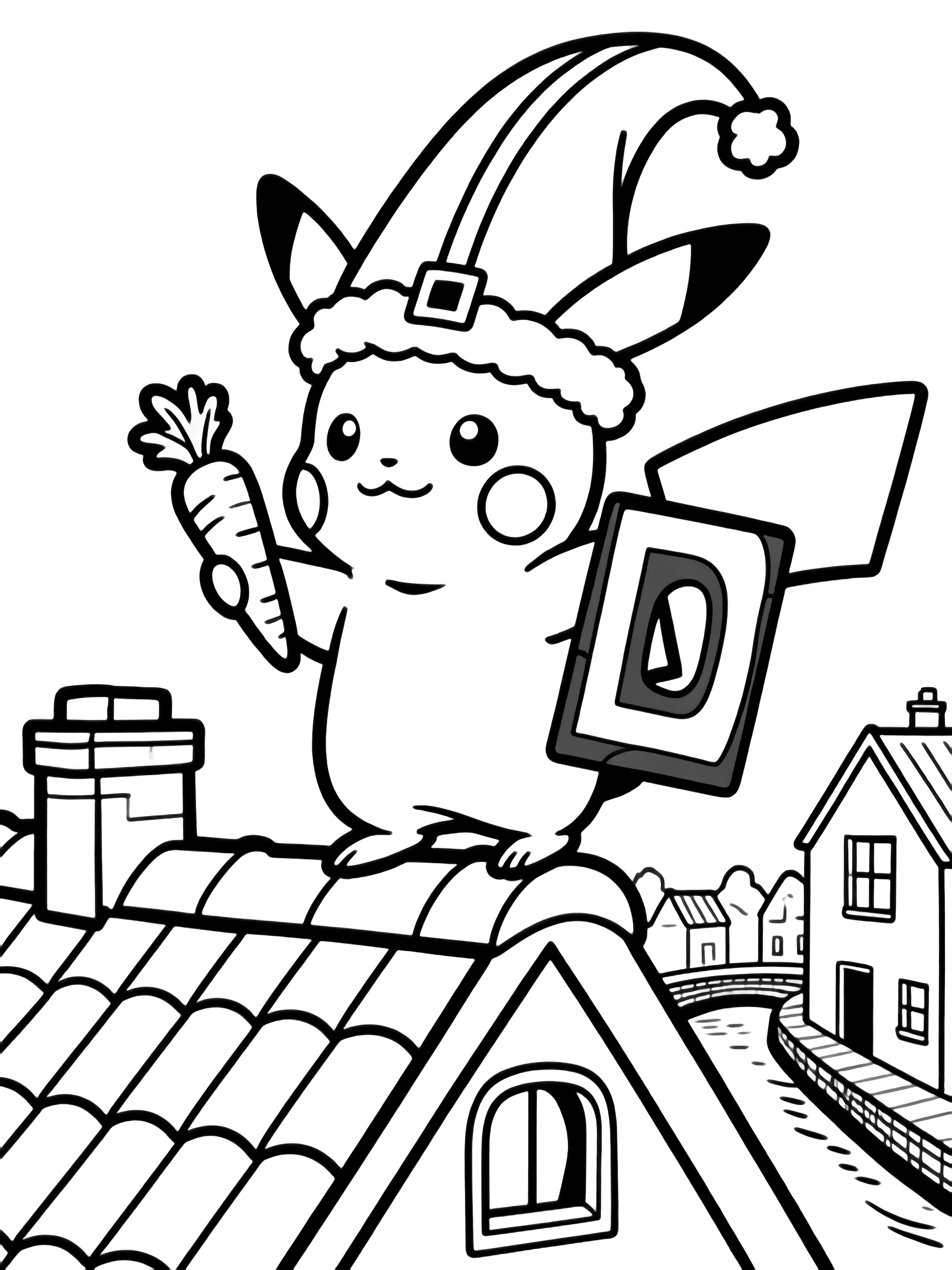 Pikachu on a rooftop wearing a tall bishop's hat, holding a carrot and a chocolate letter, with stepped-gable houses and a canal below. kleurplaat
