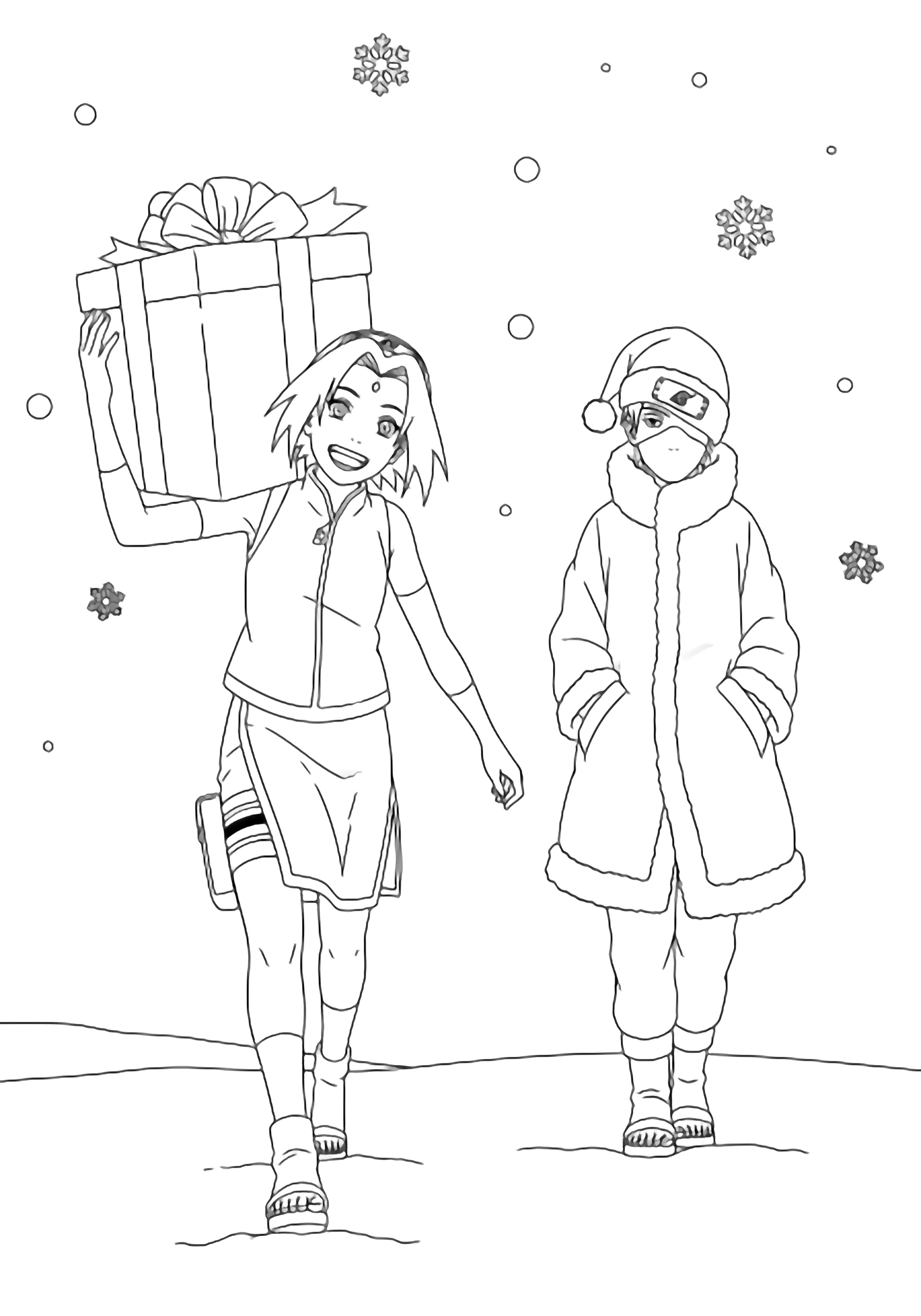 Sakura strides forward smiling, balancing a ribbon-tied box on her shoulder; Kakashi follows in a floppy Santa coat and cap, hands in pockets, as snowflakes drift over blank snowy ground. kleurplaat