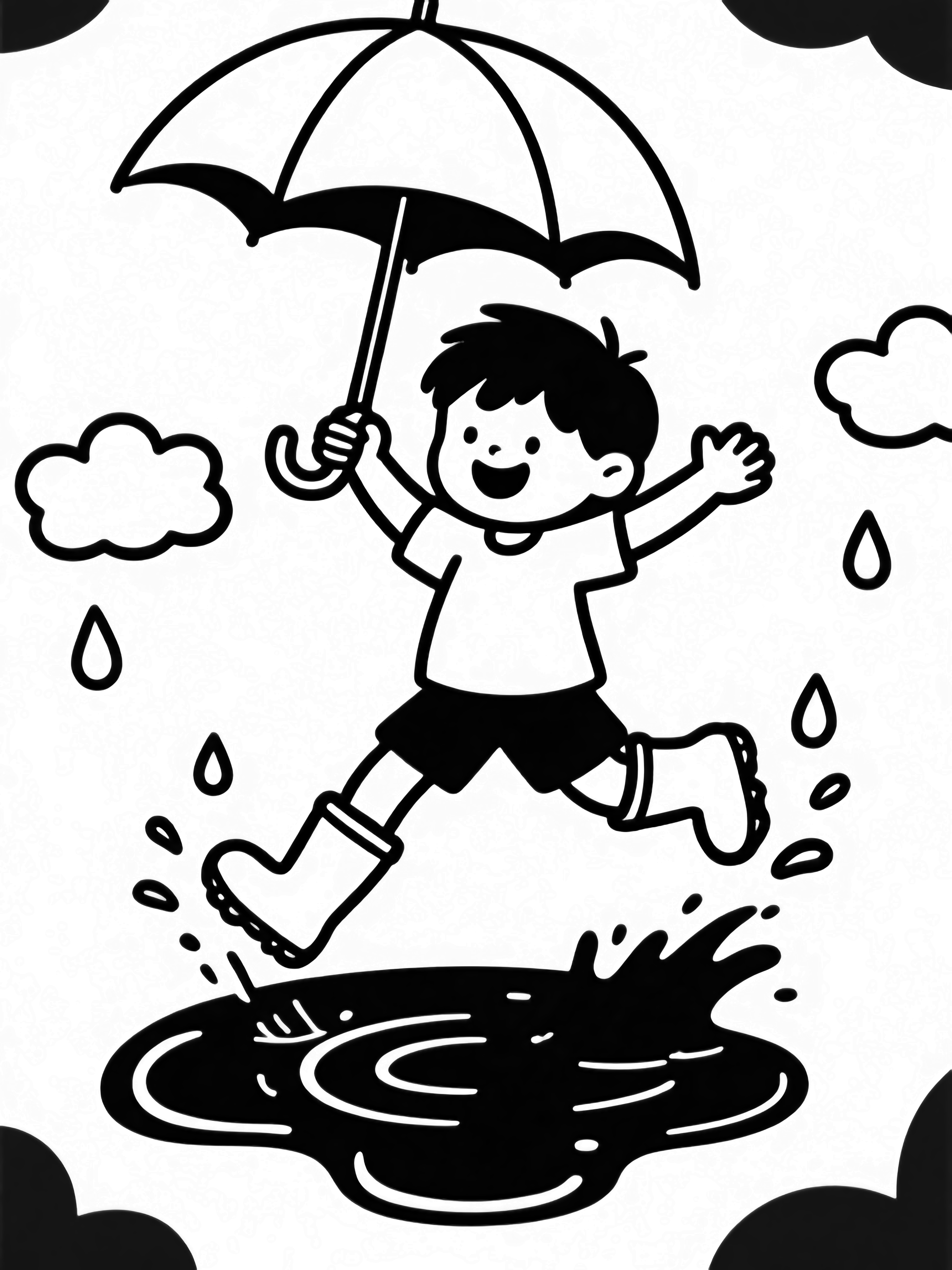 A joyful child in boots leaps, arms wide, umbrella aloft, splashing a puddle while raindrops and fluffy clouds encircle the moment. kleurplaat