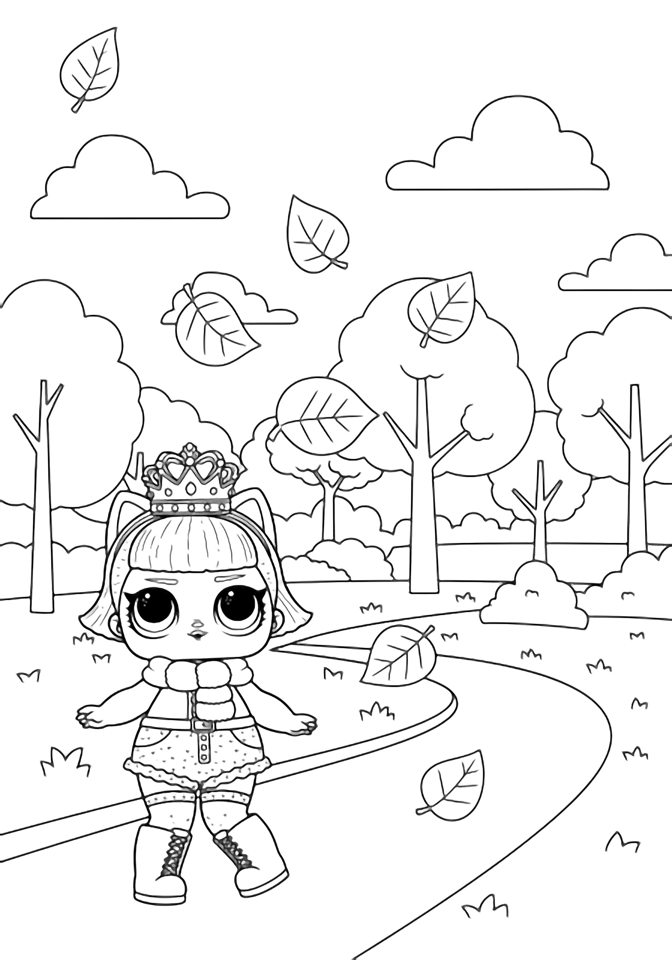 LOL Surprise Kitty Queen walks along a park path, wearing a puffy scarf and tall boots; six large leaves drift past simple trees and clouds. kleurplaat