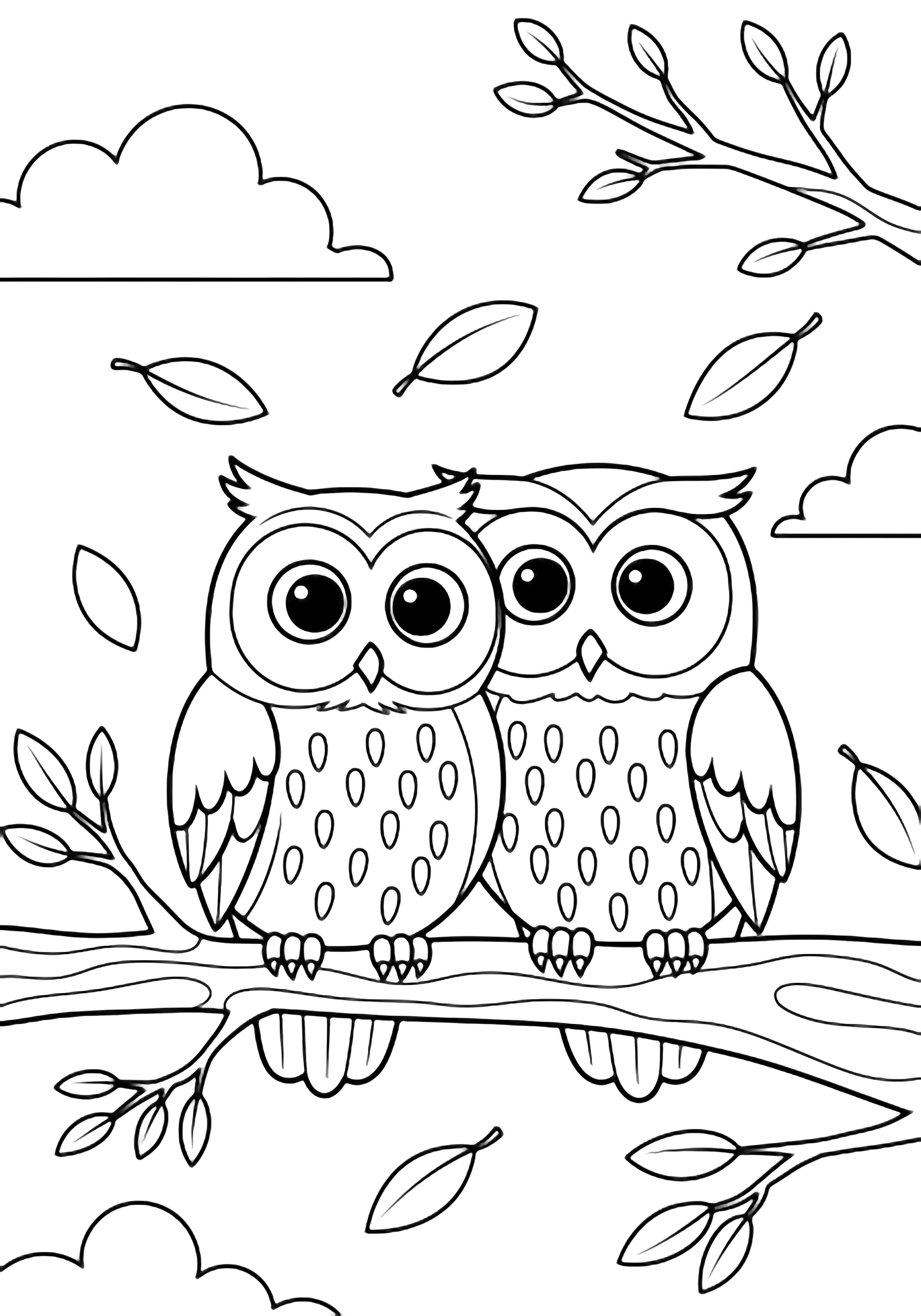 Two wide-eyed owls sit side by side on a branch, leaves drifting around them kleurplaat