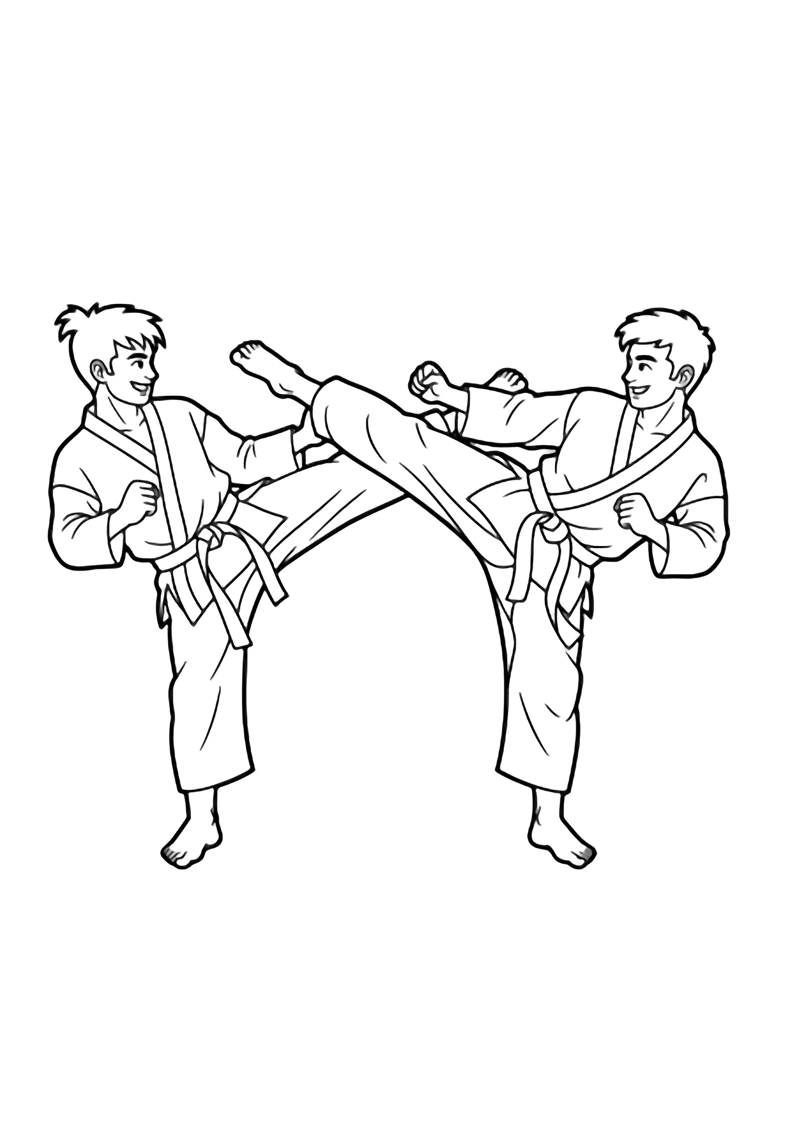 Two smiling children in karate uniforms leap toward each other, legs extended mid-kick, arms poised, facing off on an empty white space. kleurplaat