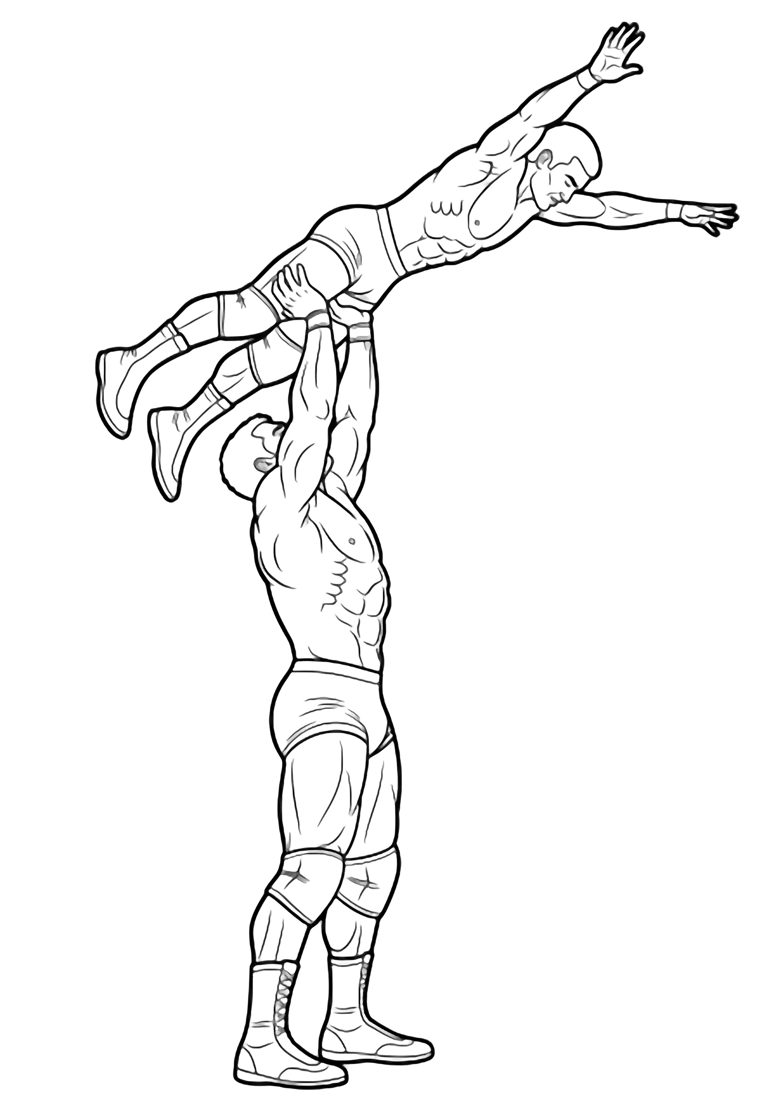 Muscular wrestler lifts opponent overhead in a classic press, both frozen mid-action against a plain backdrop. kleurplaat
