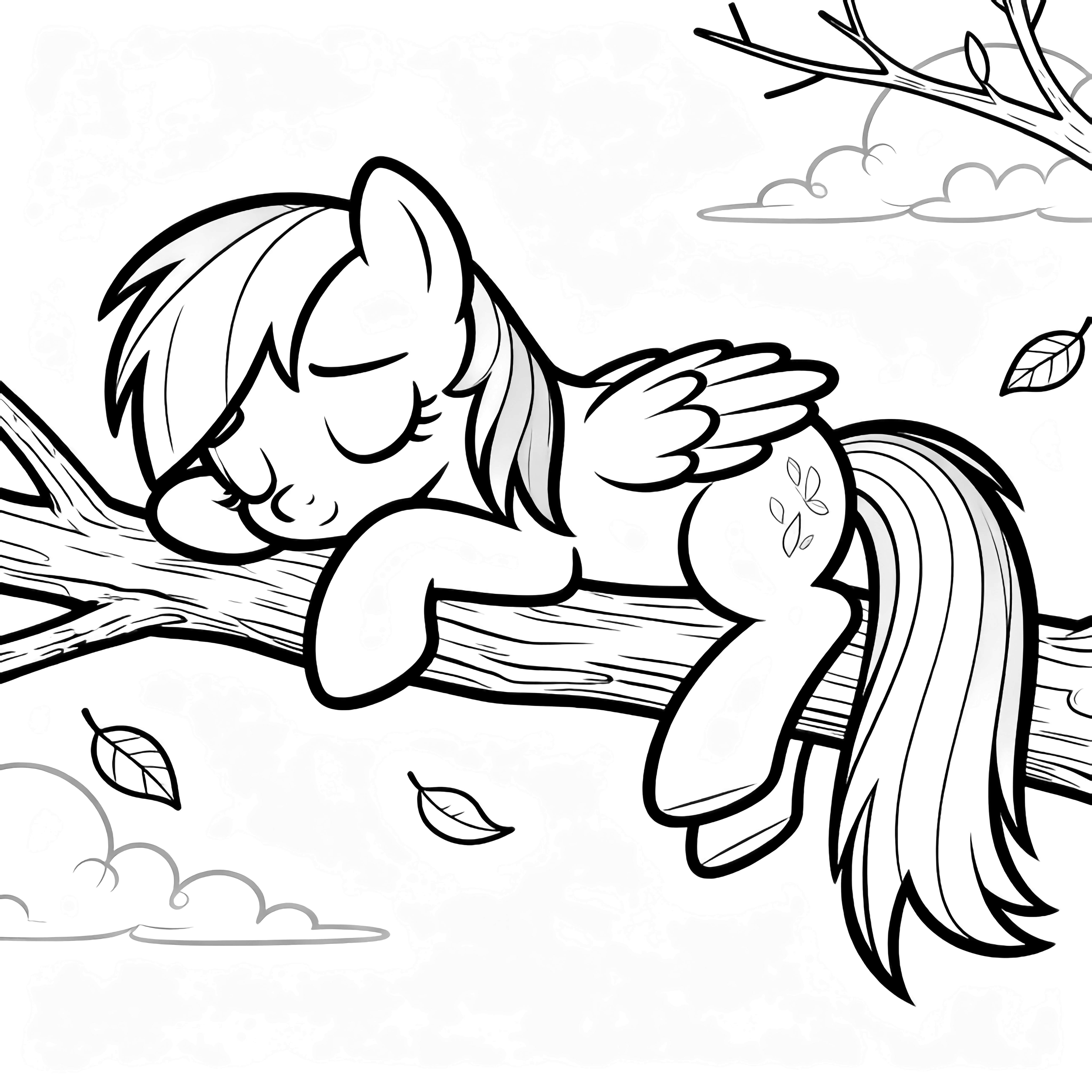 Rainbow Dash, wings folded, asleep on a sturdy branch with drifting leaves, minimal clouds and twigs behind kleurplaat