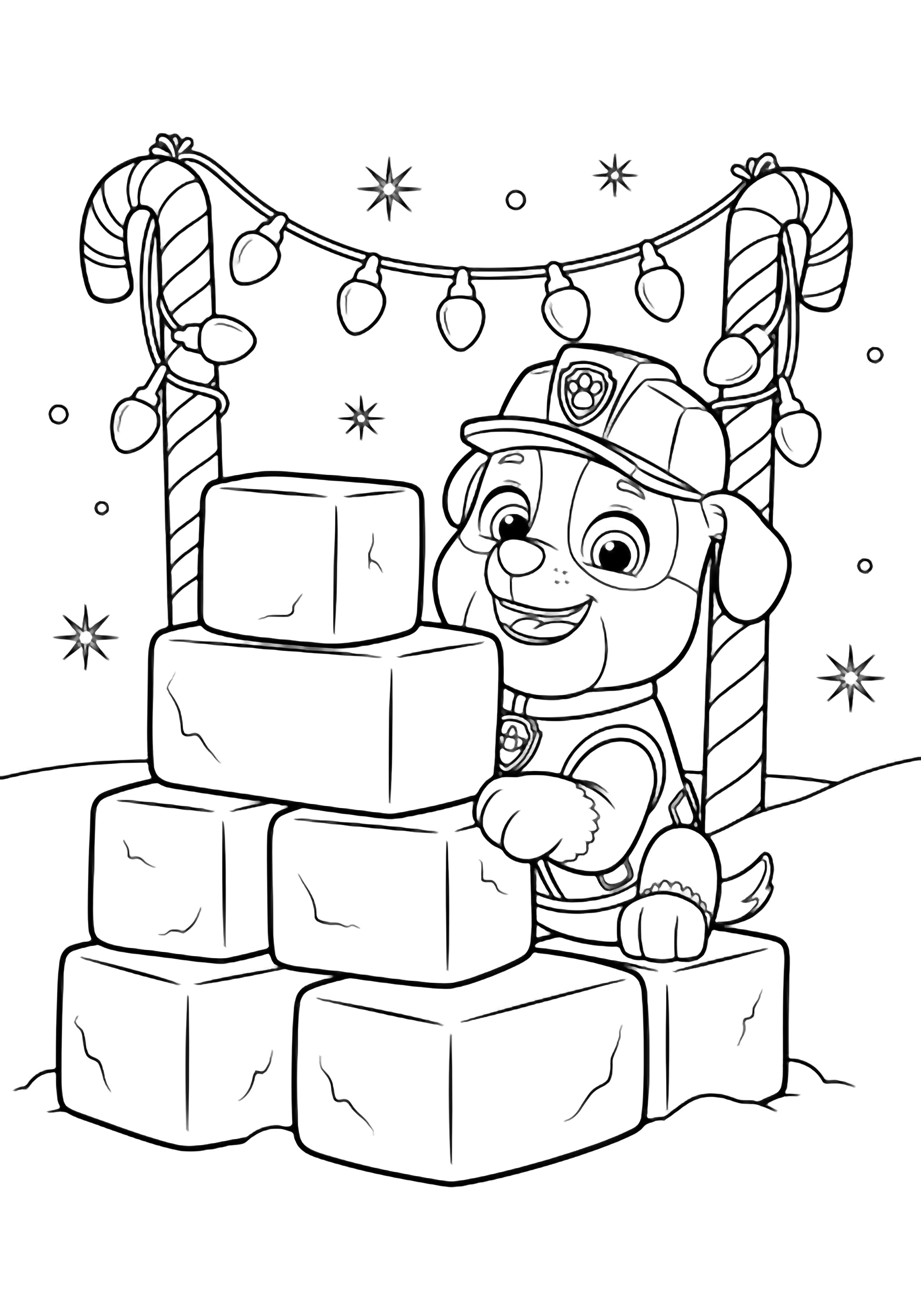 illustration on a Rubble the pup stacks giant snow bricks into a fort Christmas lights hanging loosely between candy cane posts; simple snowflakes drift around wide smile sitting pose bold outlines only clean black kleurplaat