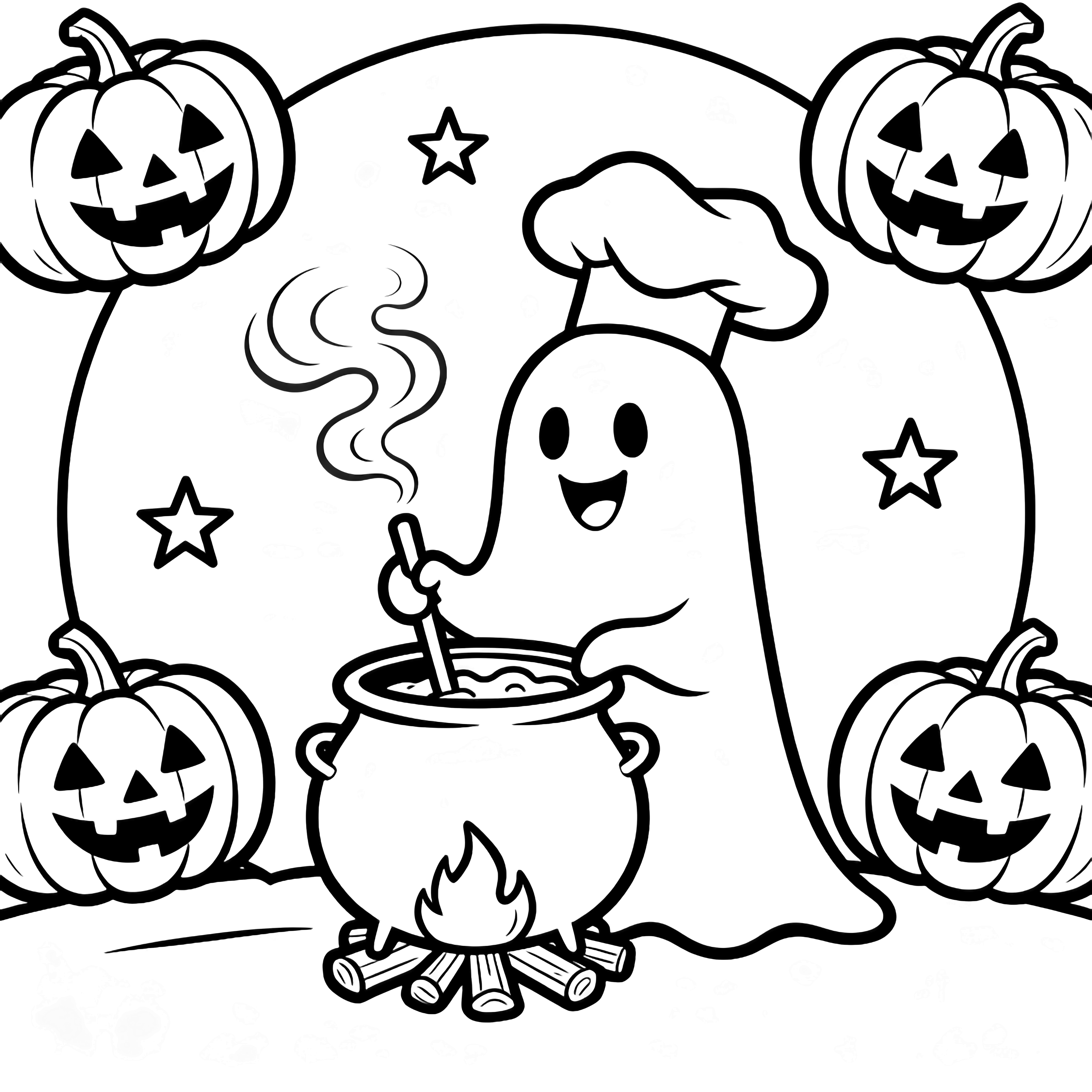 A smiling ghost in a floppy chef's hat stirs a cauldron over a campfire, flanked by three grinning jack-o'-lanterns, with drifting steam, stars, and a simple ground line. kleurplaat