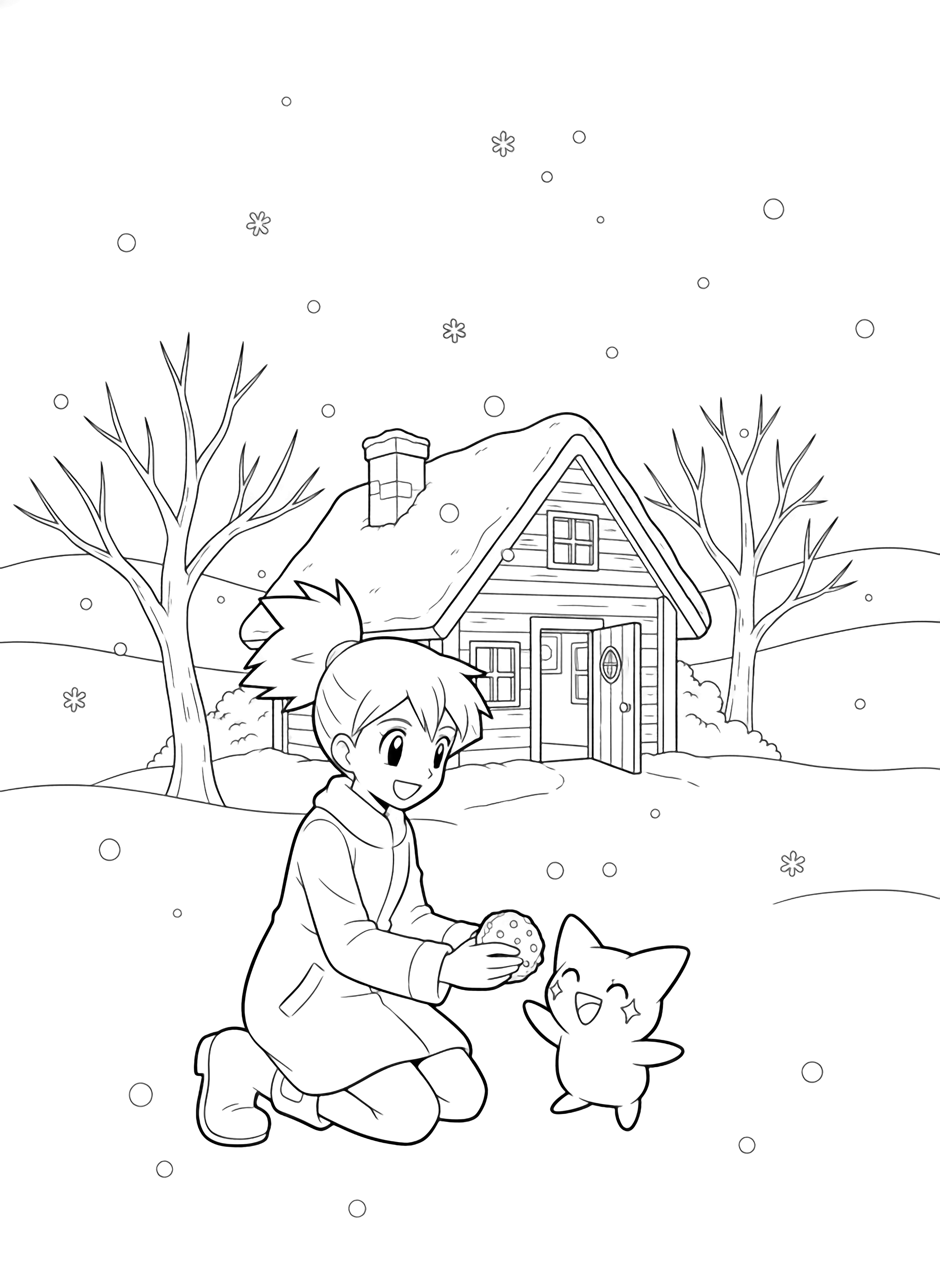 Misty kneels in coat and boots offering a cookie to delighted Togepi beside a snowy cabin, bare trees, drifting flakes, rolling hills. kleurplaat