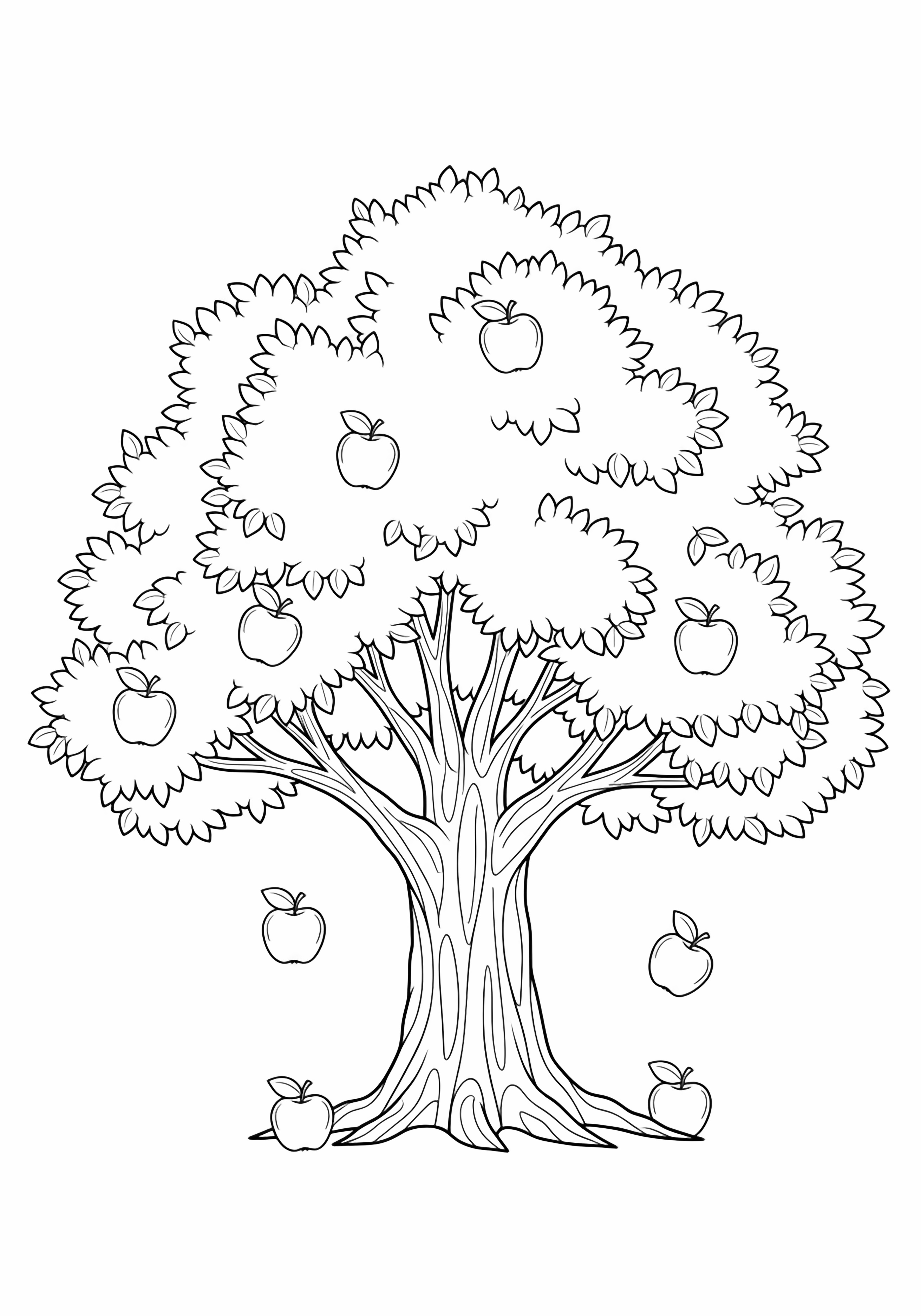 Grote appelboom met vallende appels kleurplaat
