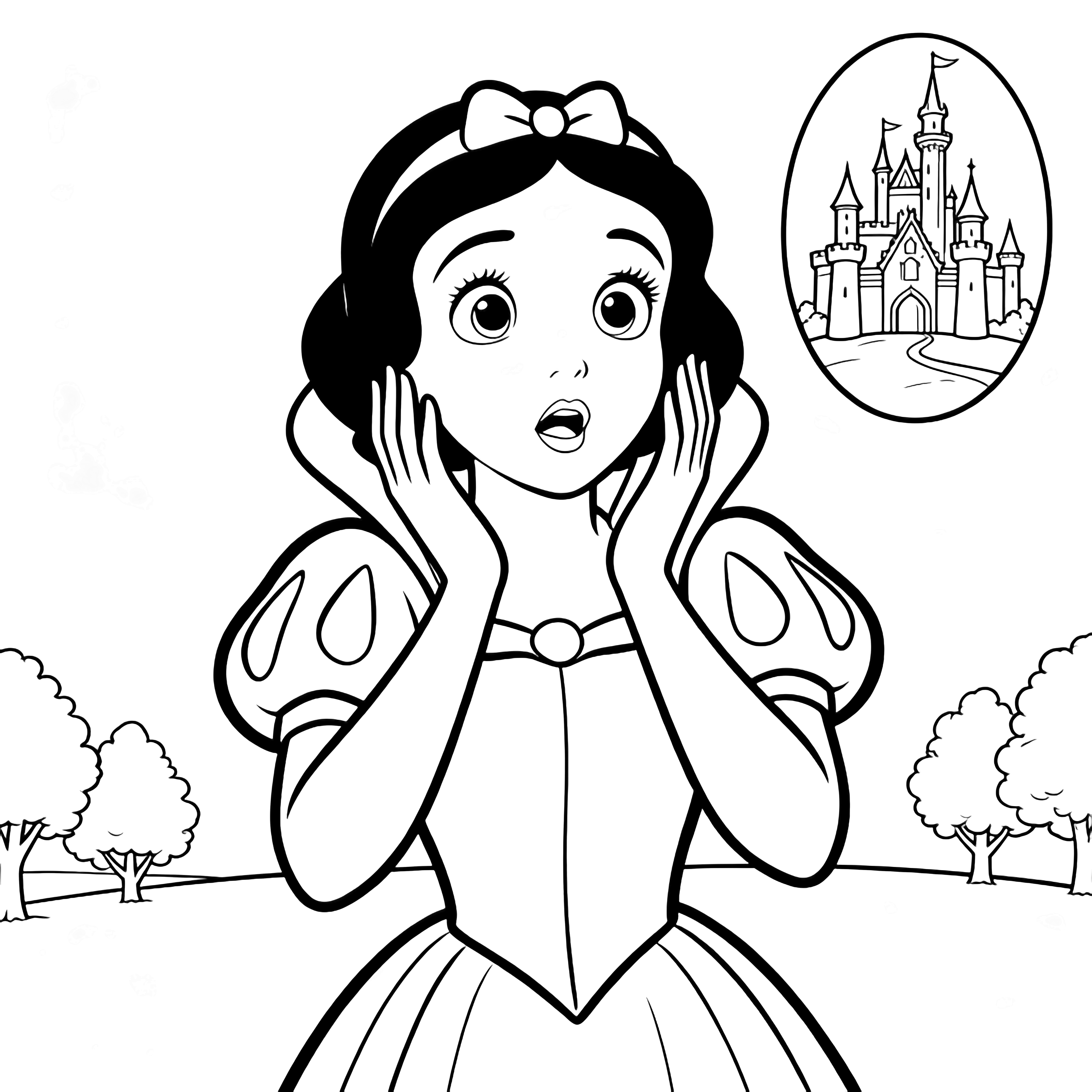 Snow White stands centered, palms gently framing her face in wonder, with a simple oval prince and castle floating behind her amid minimal trees. kleurplaat
