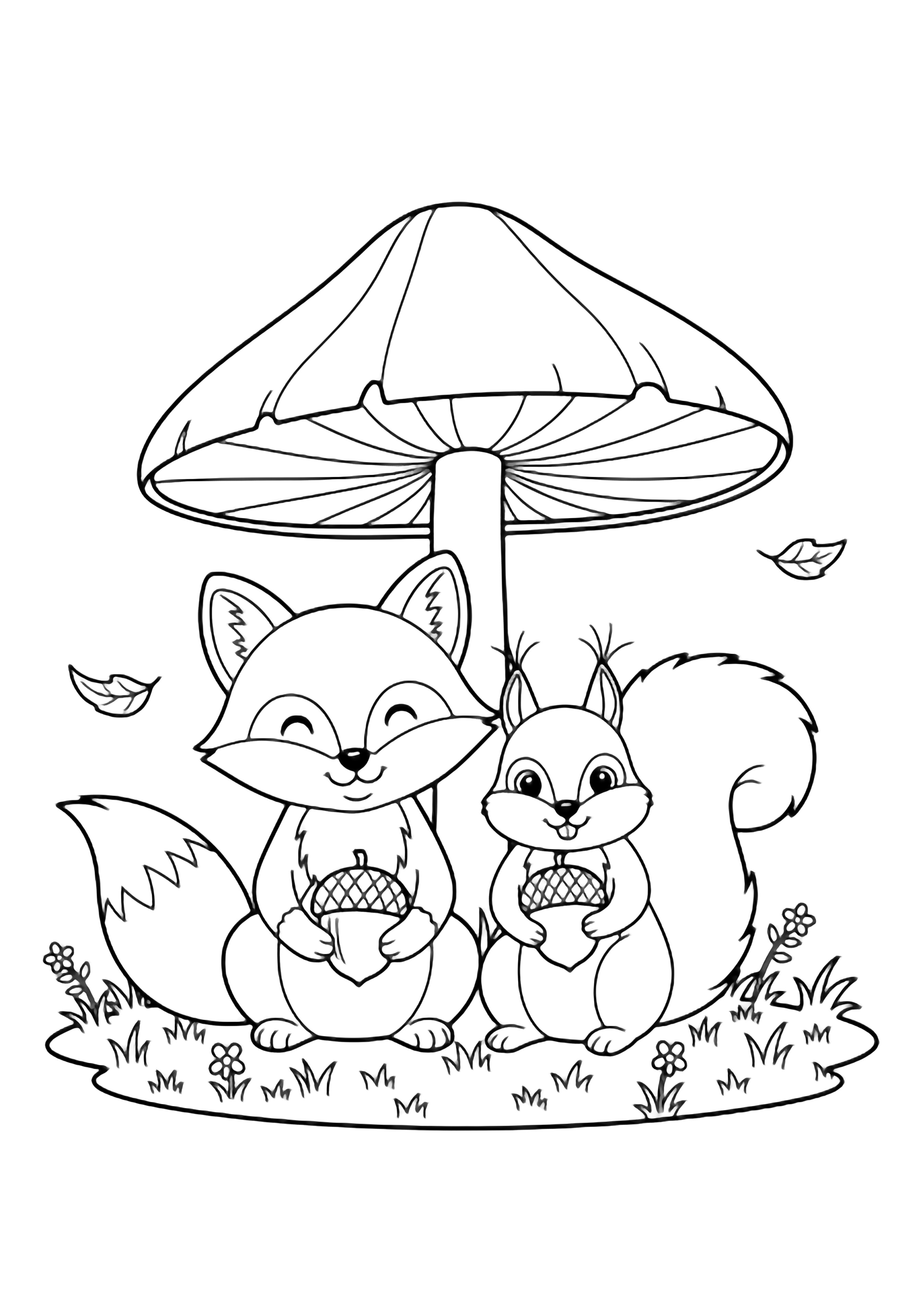 A smiling fox and a bushy-tailed squirrel share acorns under a wide umbrella mushroom, framed by grass, tiny flowers and drifting leaves. kleurplaat