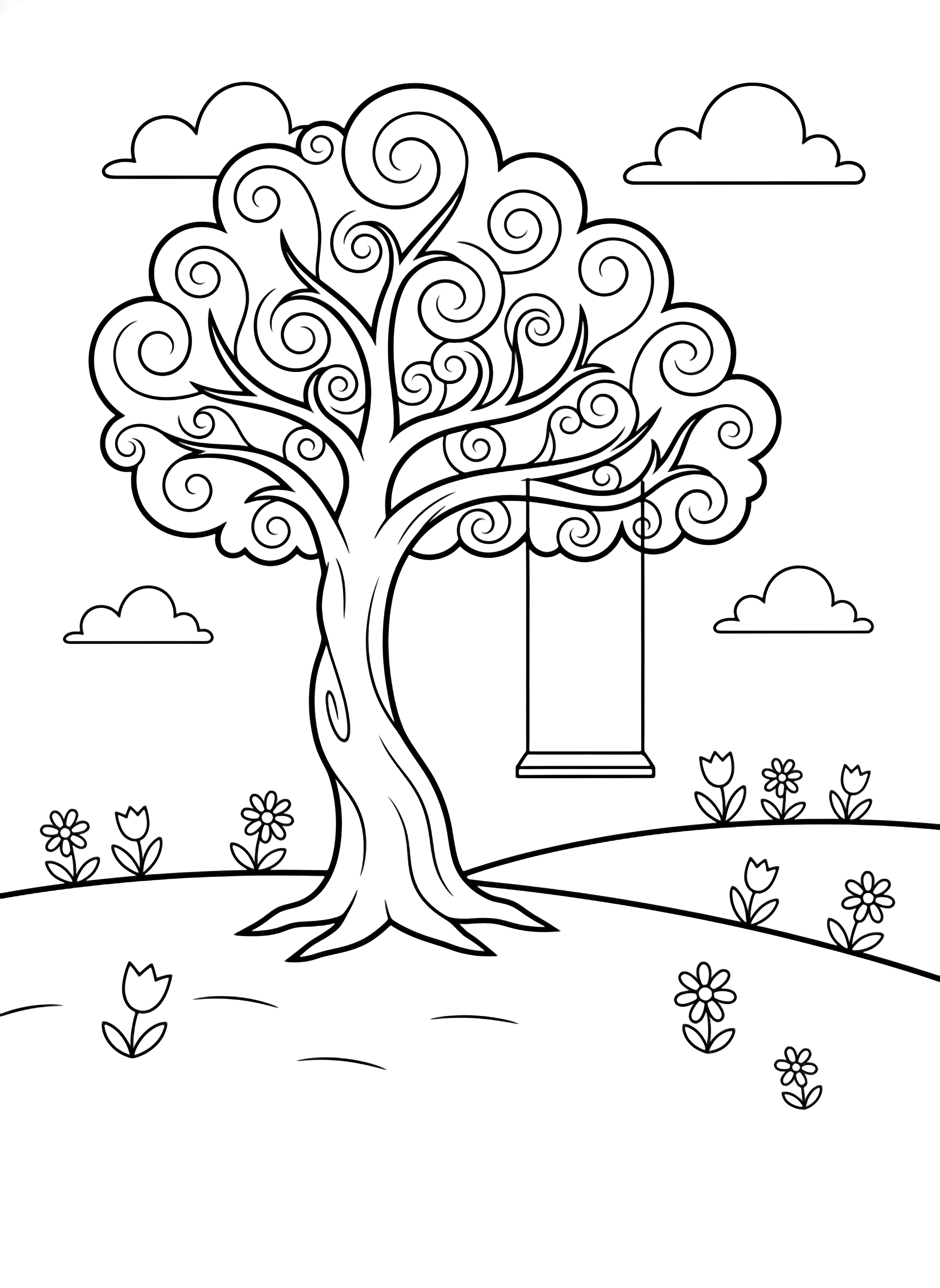 A tall twisty tree on a rolling hill with a plank swing hanging from a branch, clouds drifting above and tiny flowers scattered across the open grass. kleurplaat