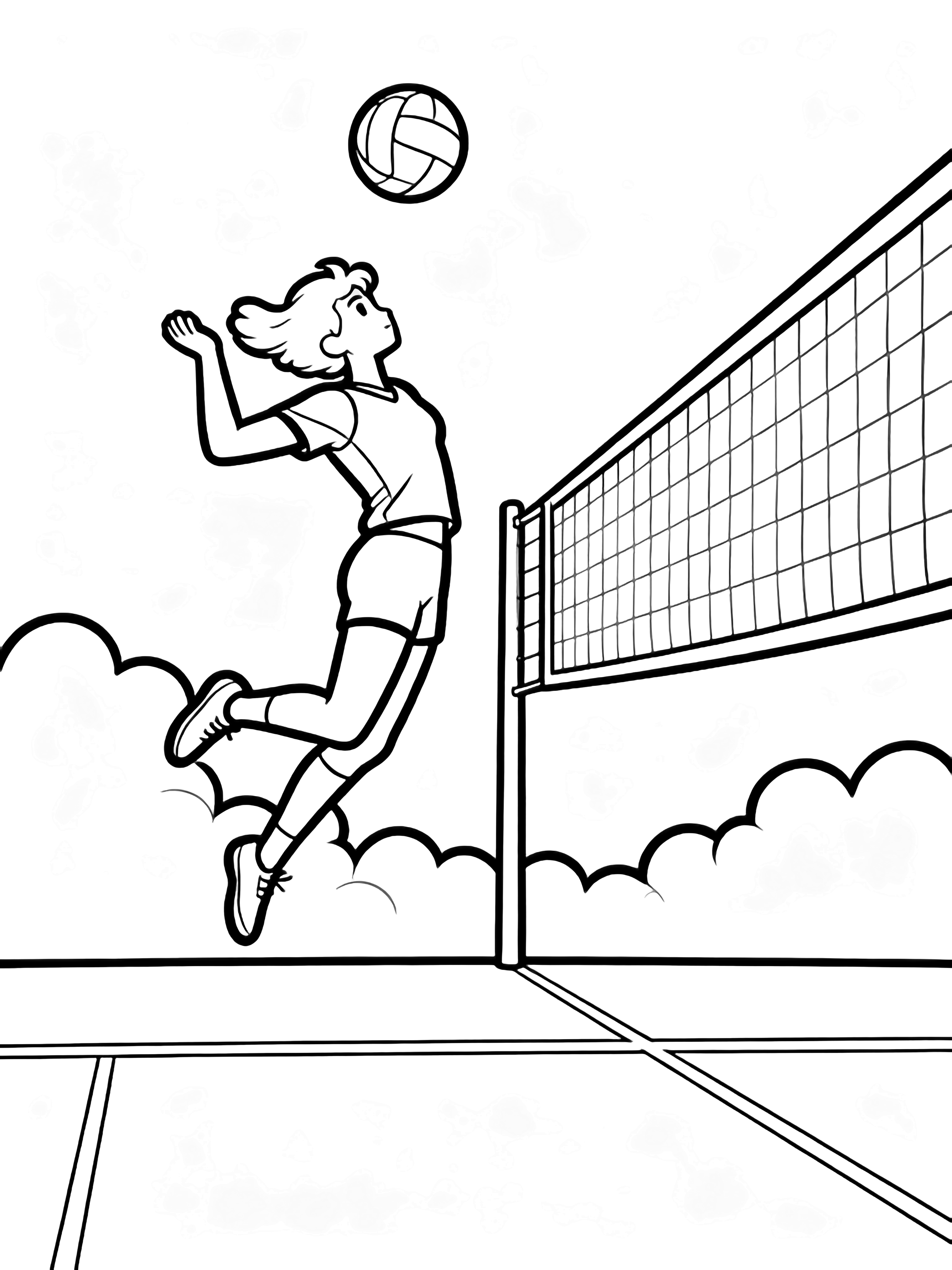Atleet springt hoog, arm naar achteren geslagen om volleyball boven wijd net te smashen, eenvoudige veldlijnen, wolkjes. kleurplaat