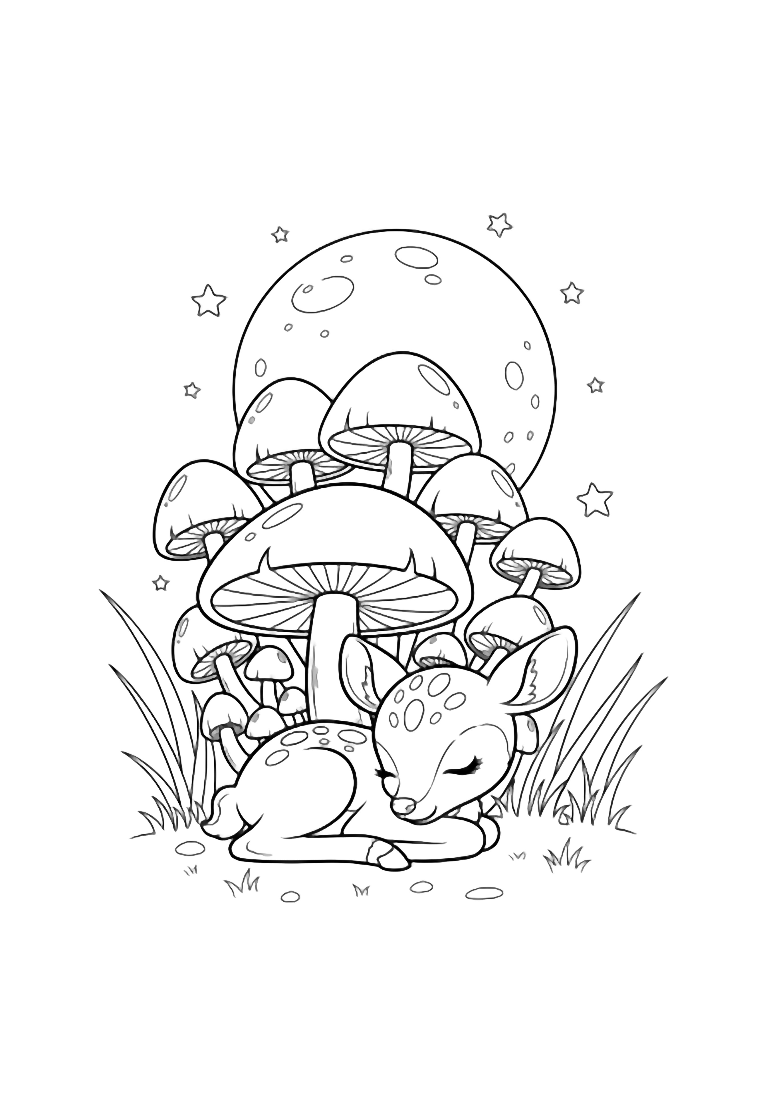 Tiny fawn curled beneath a large mushroom cluster, moon behind, grass tufts and small stars above kleurplaat