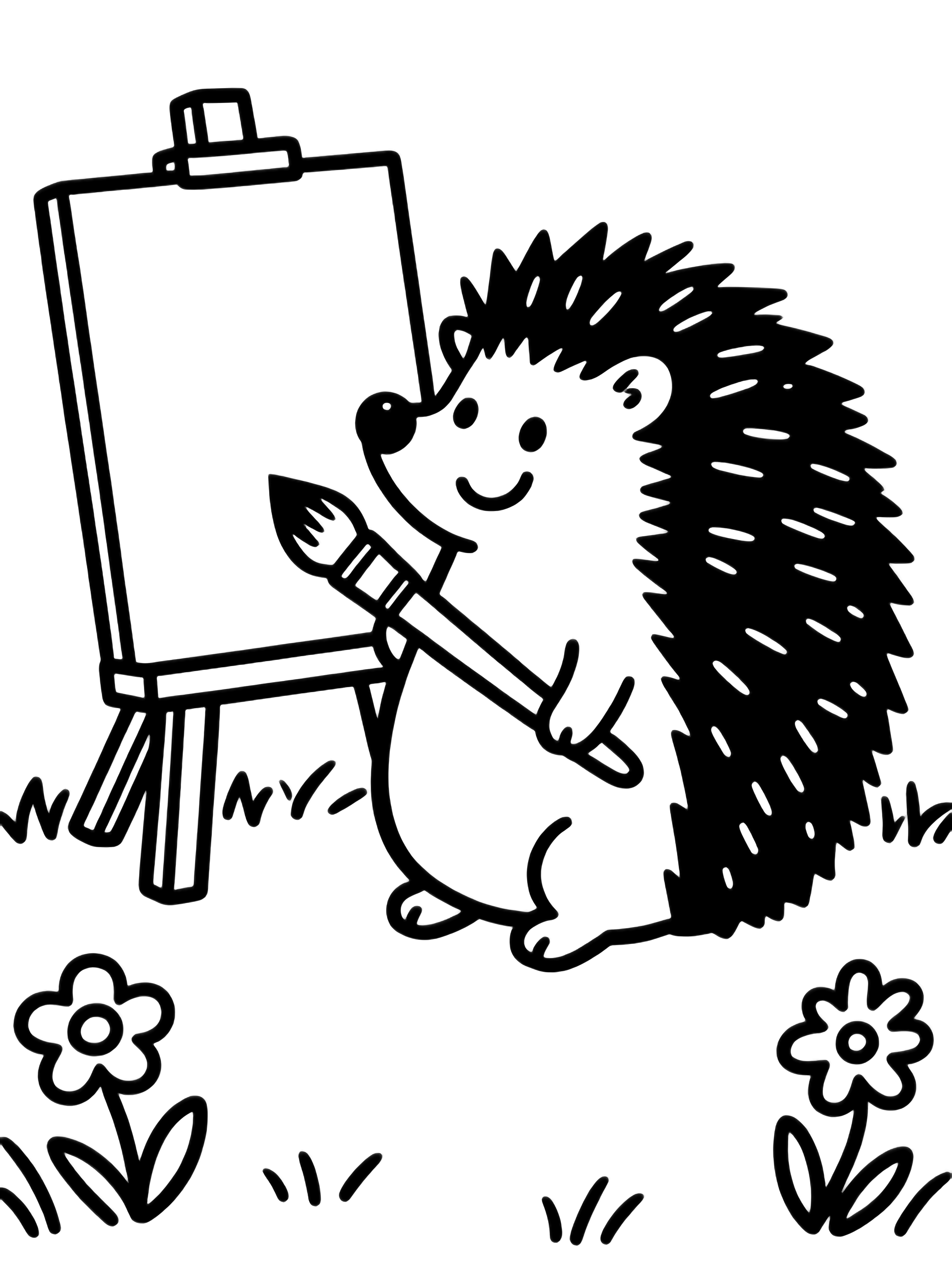 A smiling hedgehog with a brush tied to its paw paints on a canvas propped on a tiny easel, framed by simple grass and two flowers. kleurplaat