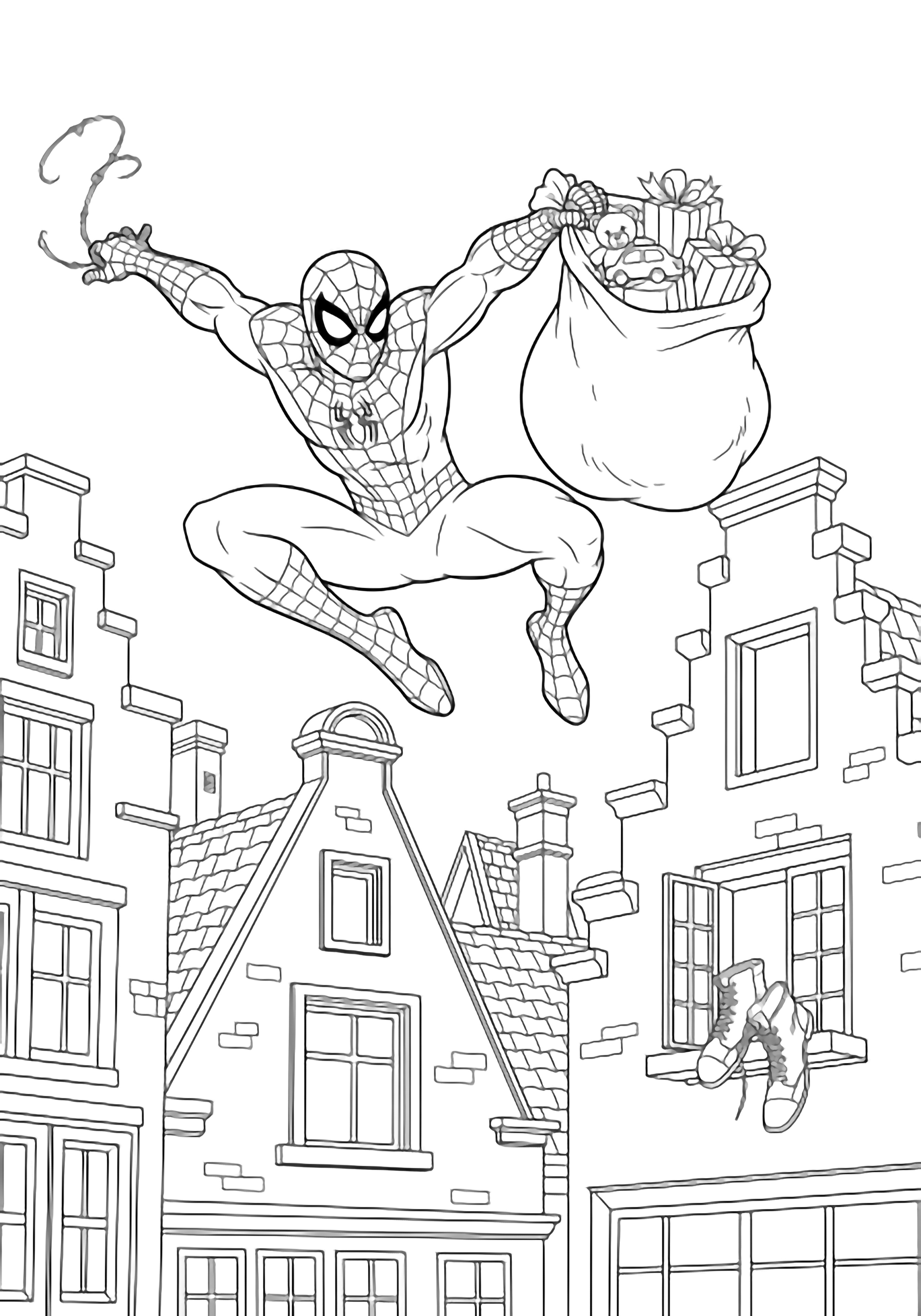 Spider-Man zwiert boven trapgevels, met een zak cadeaus; lege schoenen staan op een vensterbank. kleurplaat