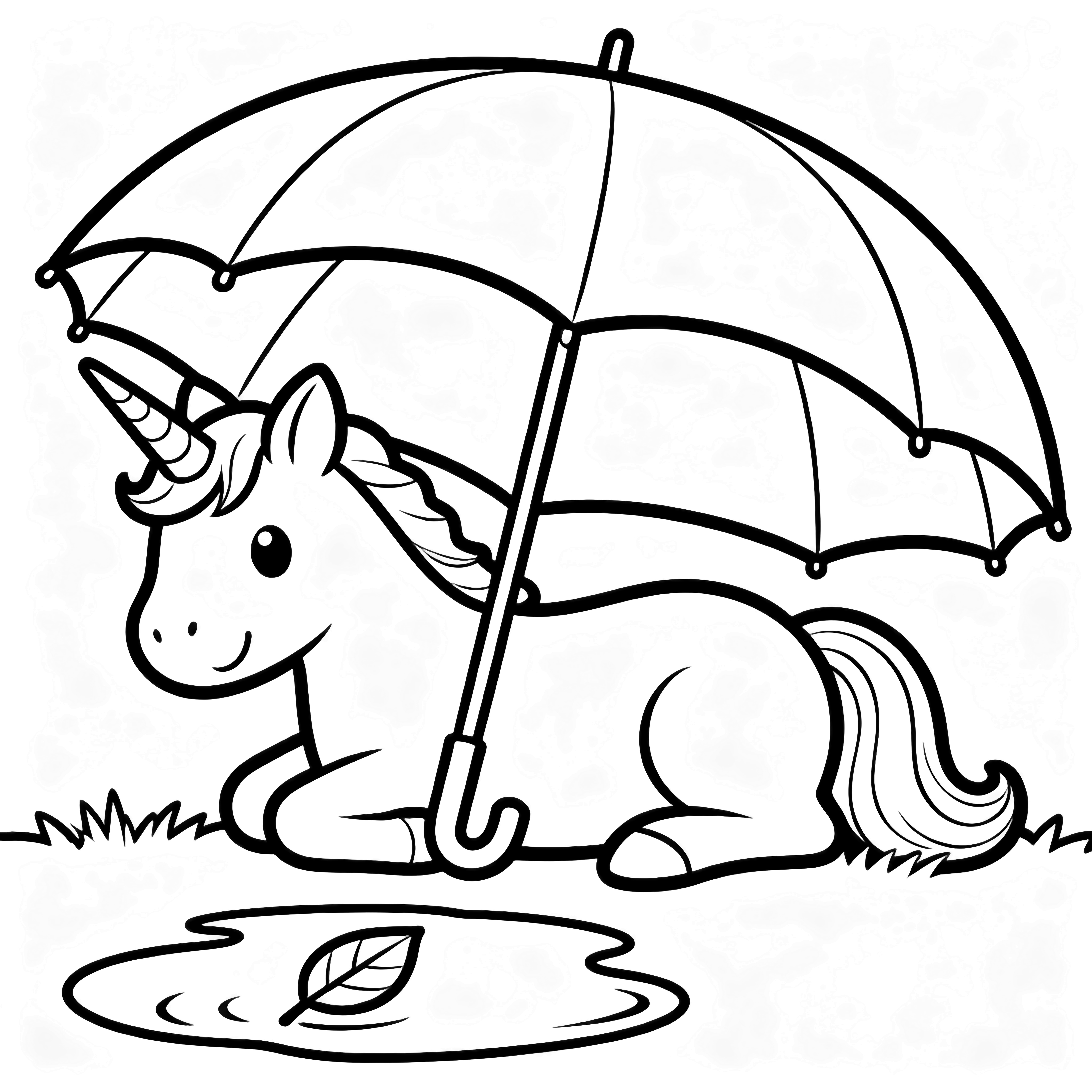 A smiling unicorn rests beneath a large umbrella; a puddle beside it mirrors simple leaf shapes. kleurplaat