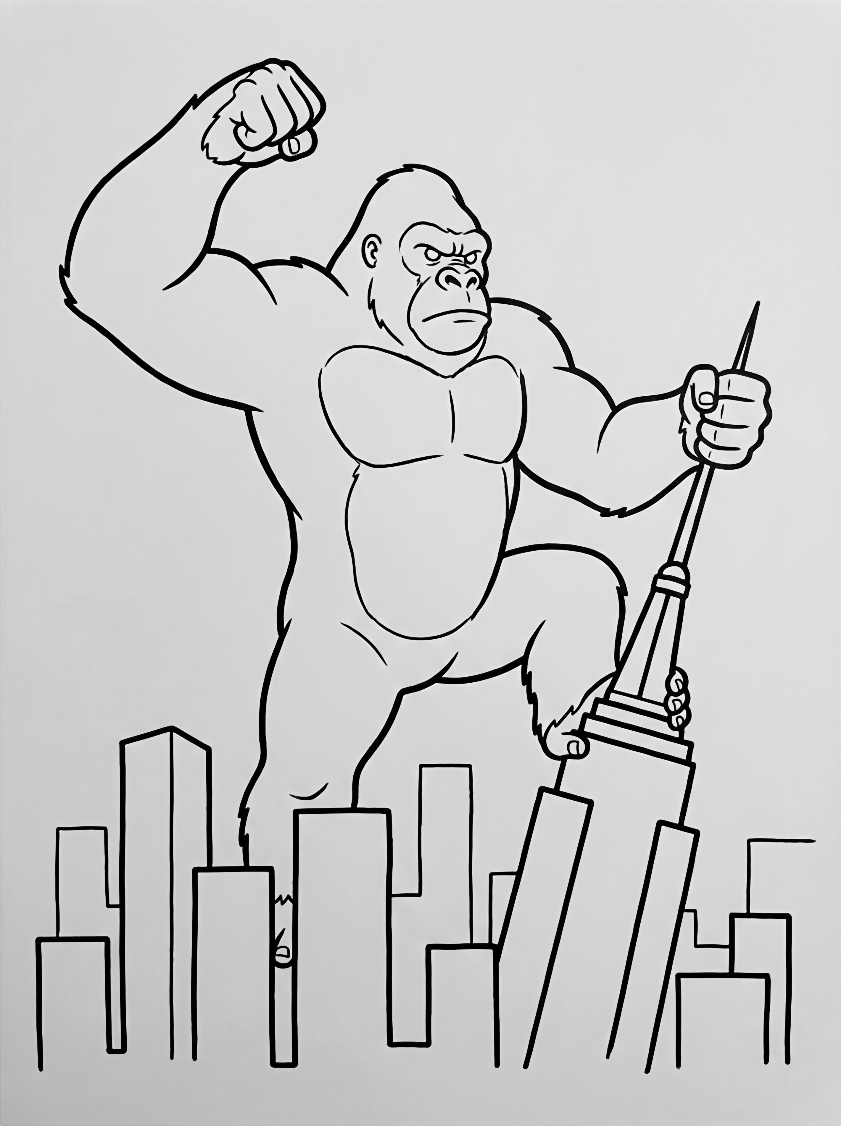 King Kong stands heroically atop the Empire State Building, one fist raised, other hand gripping the spire, distant empty skyline of rectangle towers below. kleurplaat