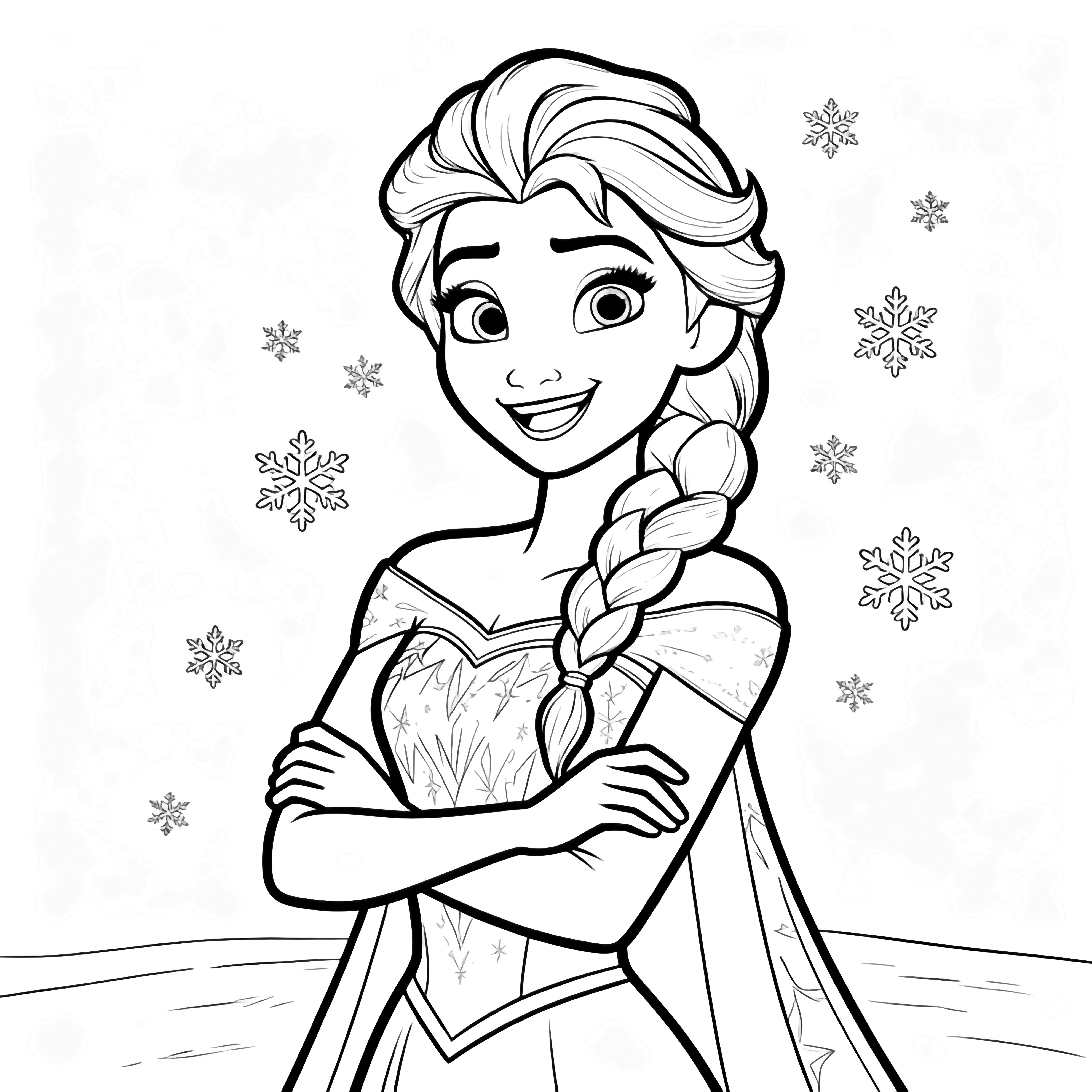 Elsa stands smiling with crossed arms, braid over shoulder amid drifting snowflakes, light ground line kleurplaat