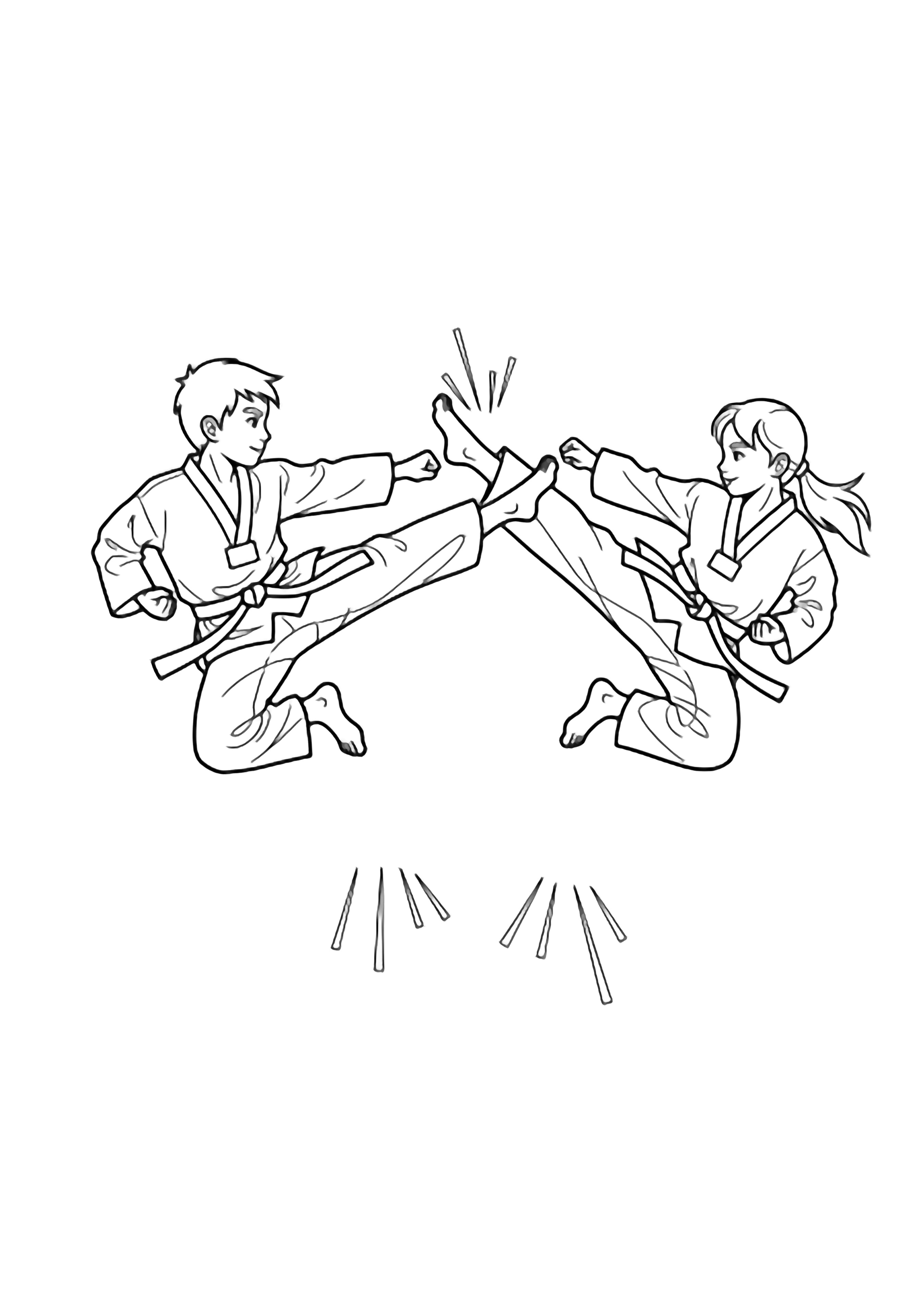 Two young taekwondo students in white dobok and black belts face off mid-kick, arms extended, legs high, motion lines emphasizing their dynamic sparring stance. kleurplaat