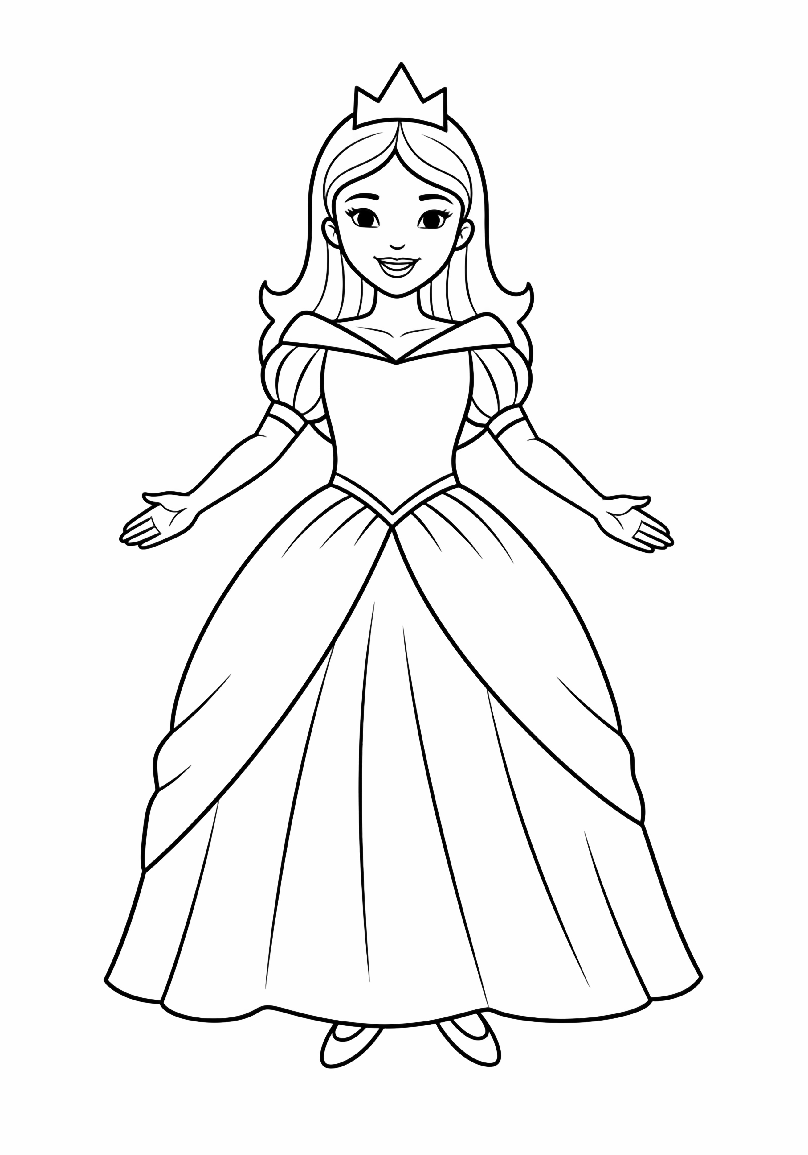 Lachende prinses in vloeiende jurk en kroon, armen licht gespreid, vriendelijke pose voor kinderen kleurplaat