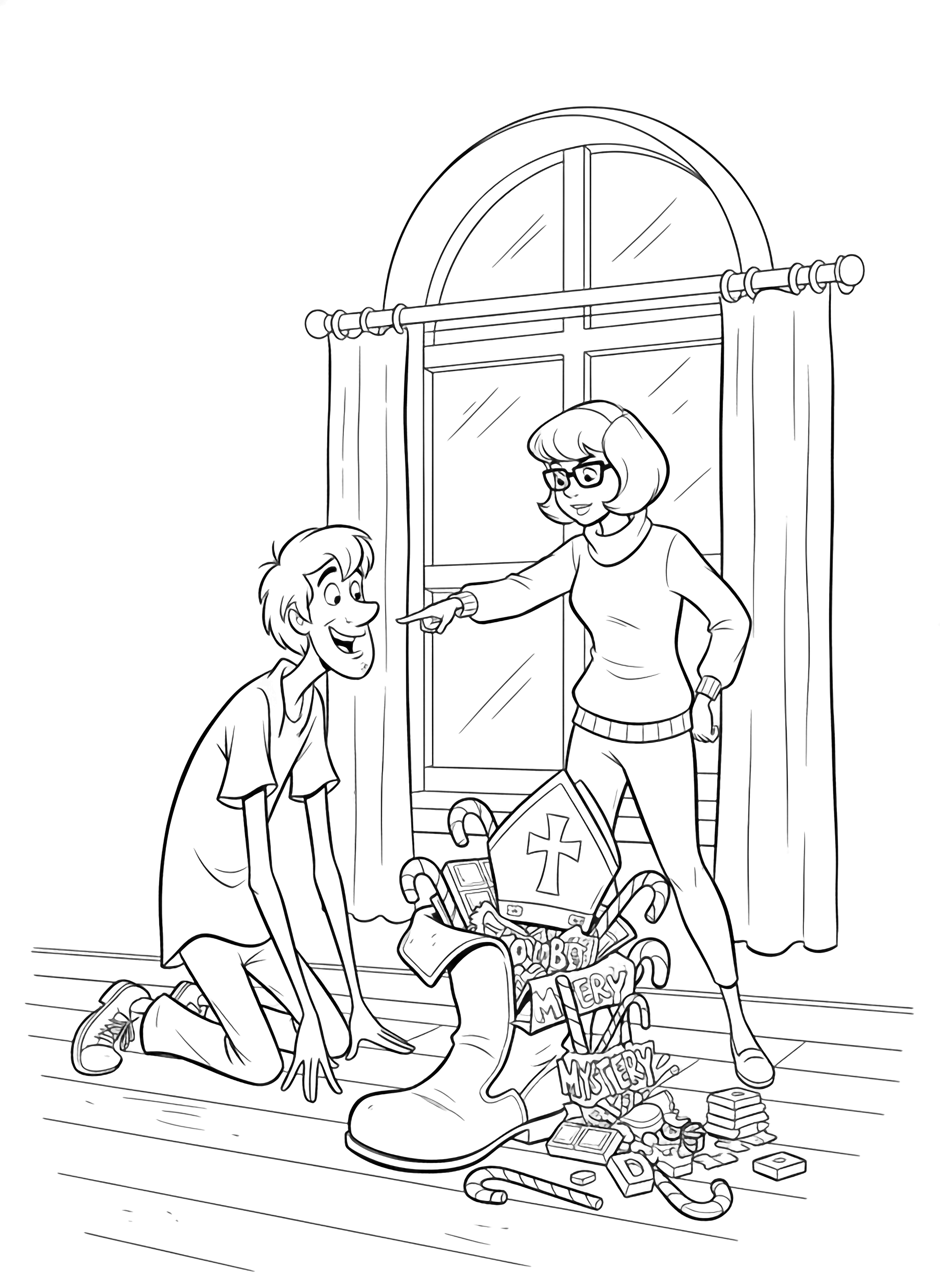 Velma points while Shaggy kneels beside an overturned boot spilling candy canes, chocolate letters and a bishop's hat near a curtained window in a bare room. kleurplaat
