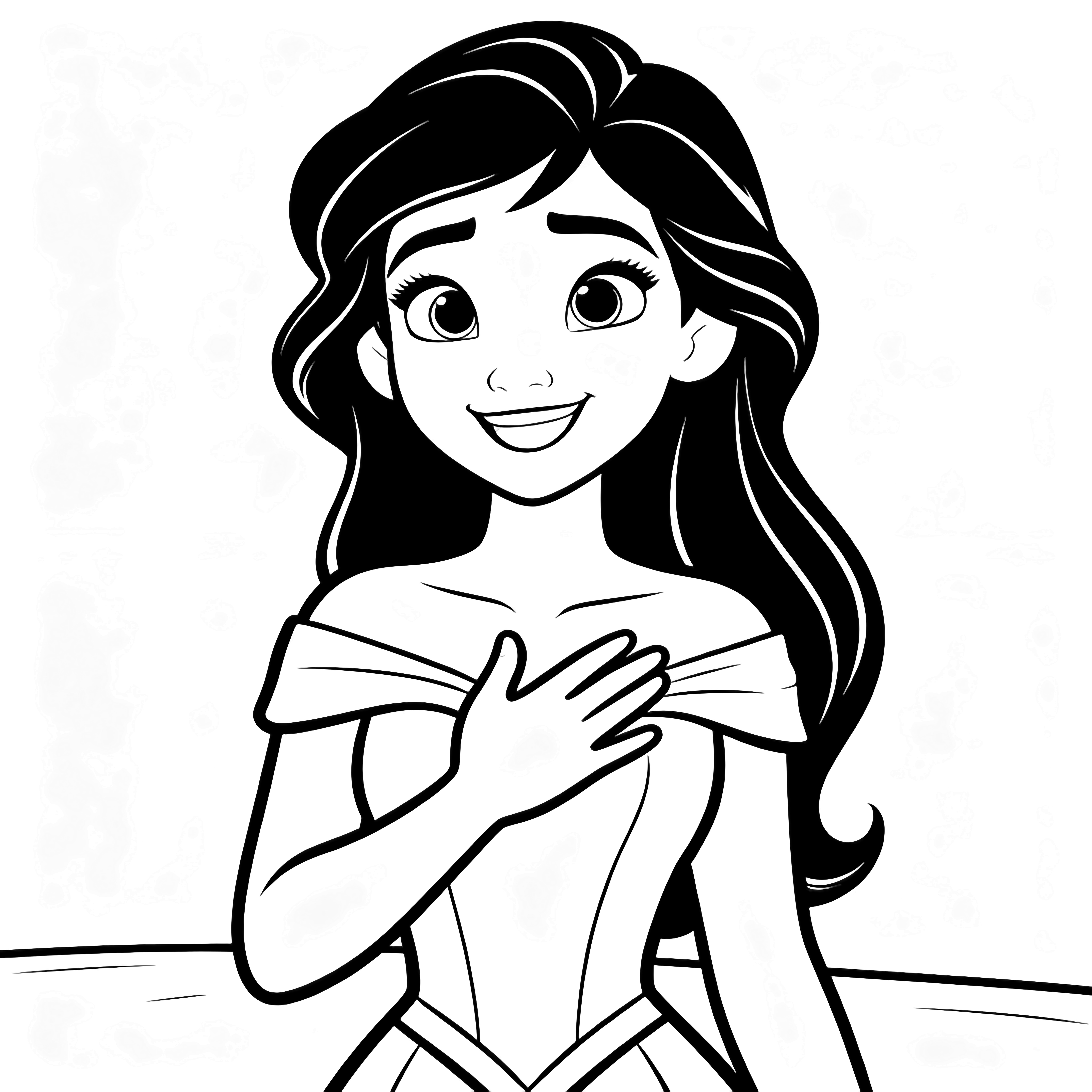 Anna stands centered, palm over her heart, warm smile, hair flowing gently, minimal ground line kleurplaat