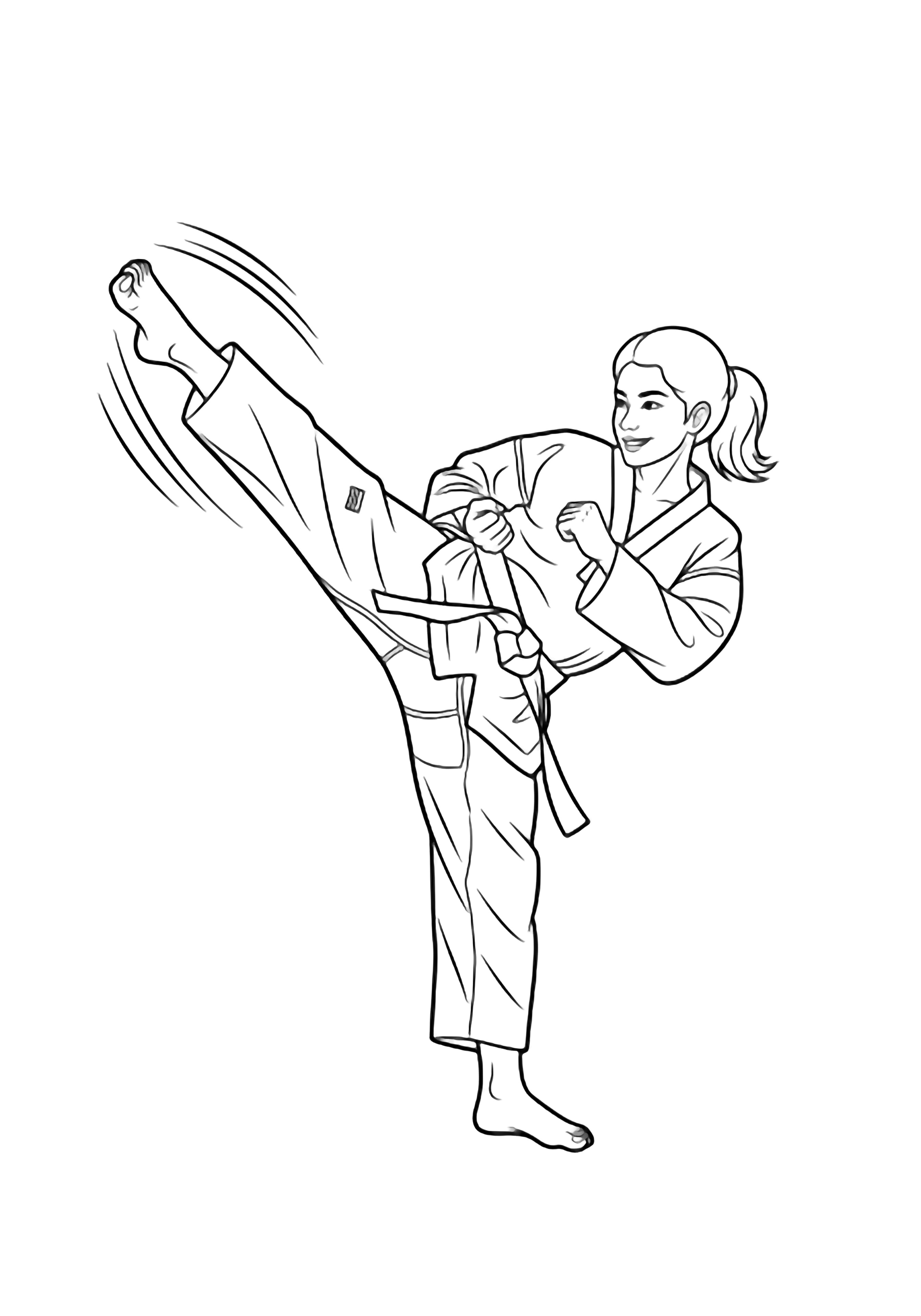 Smiling taekwondo athlete mid-roundhouse kick, arms chambered, uniform stripes and motion lines. kleurplaat