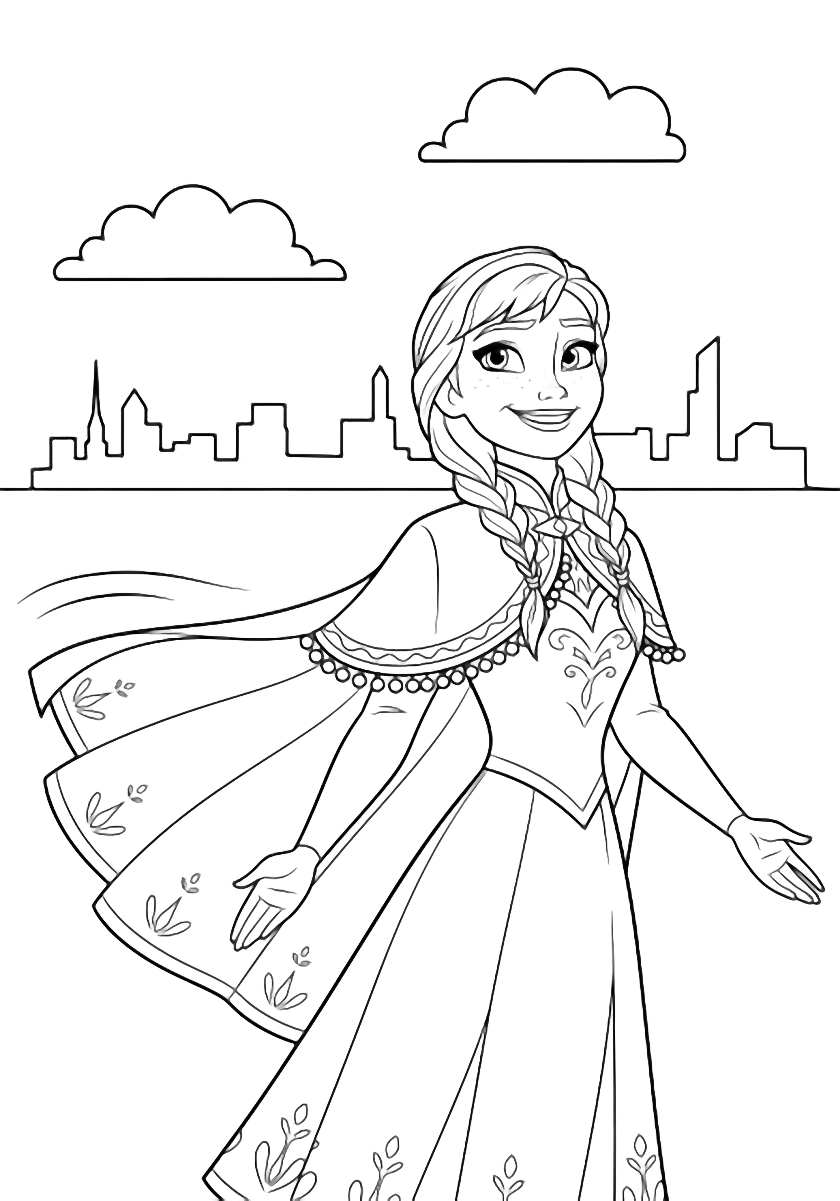 Anna stands smiling, her cape fluttering; a simple skyline and two fluffy clouds frame the scene. kleurplaat