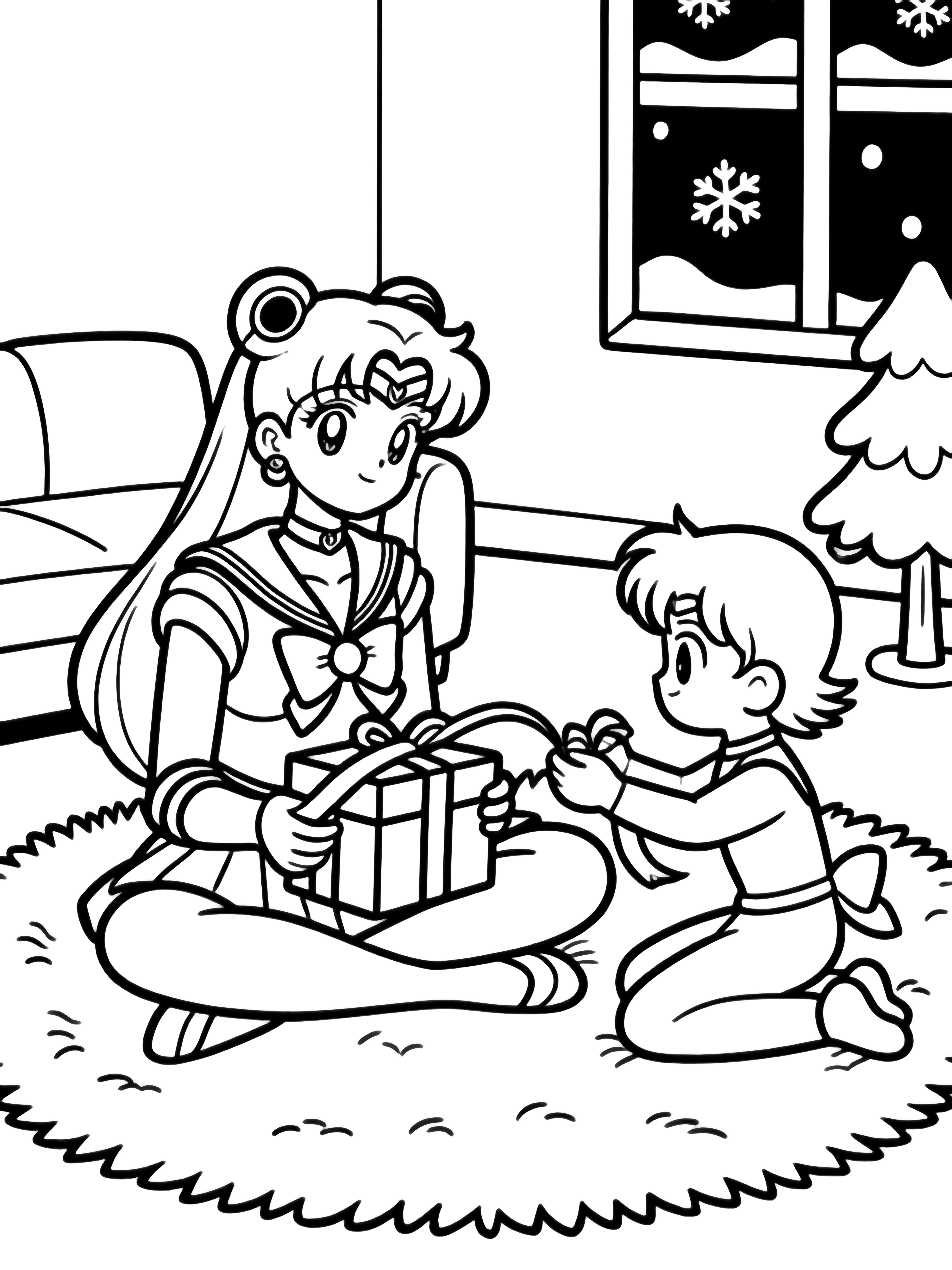Sailor Venus sits cross-legged on a fluffy rug holding tape across a gift box while Sailor Jupiter kneels beside her offering a ribbon; behind them a couch, tiny tree, and snowflake window. kleurplaat