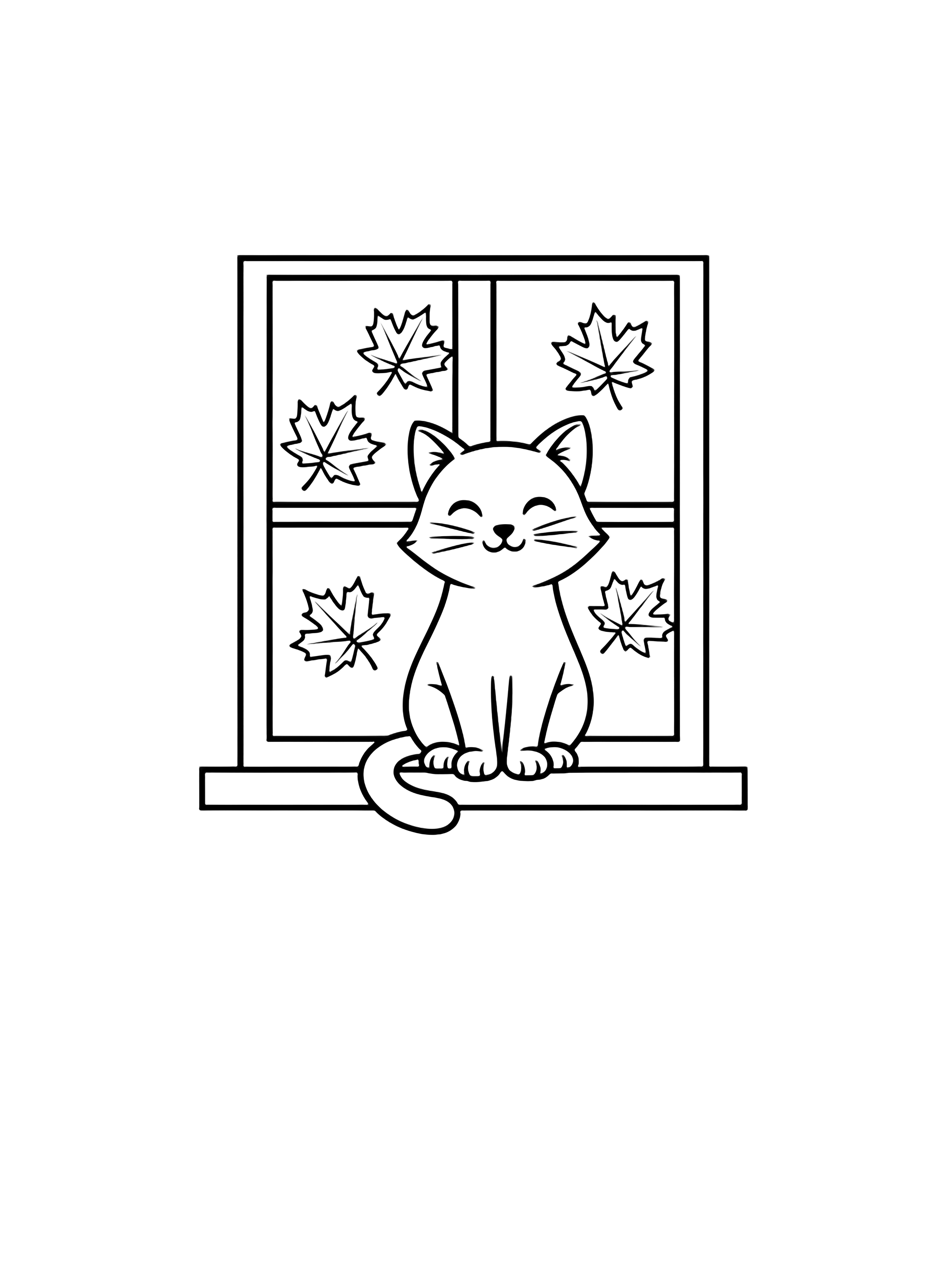 A content cat sits on a narrow sill, tail curled around its paws; six maple leaves drift past the panes toward the ground. kleurplaat