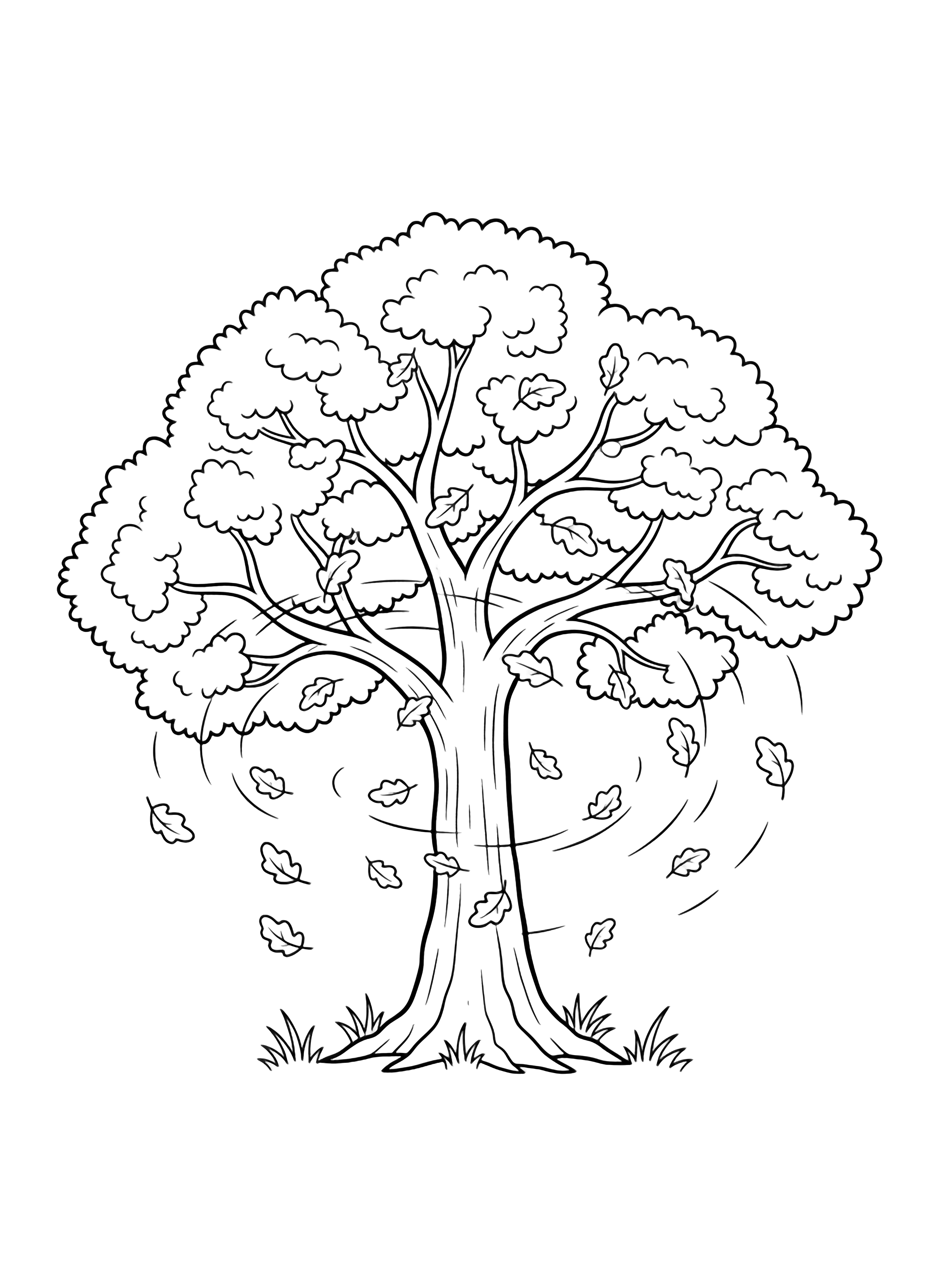 A sturdy oak with thick trunk and spreading branches, swirling leaves drifting downward, simple grass tufts edging the scene. kleurplaat