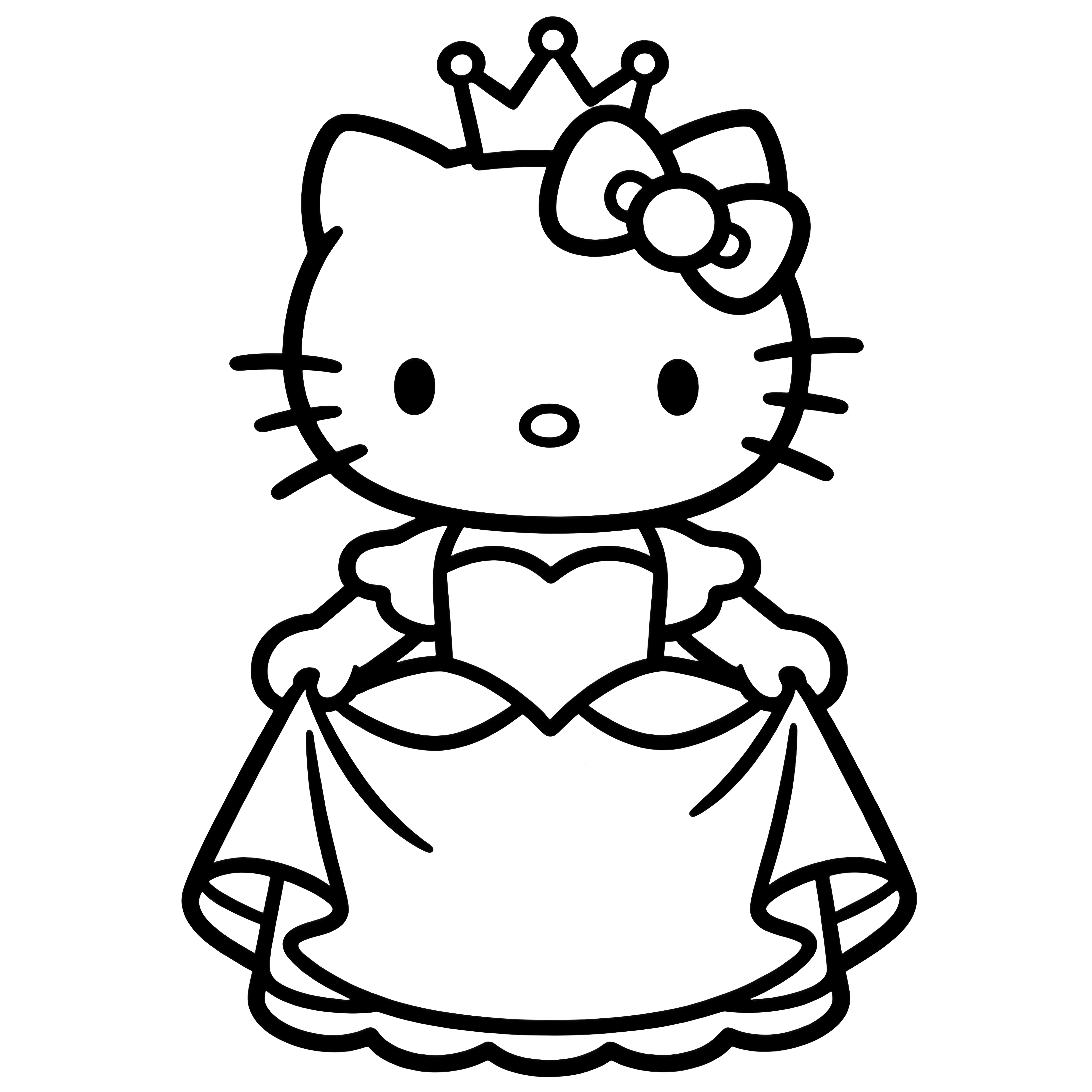 Hello Kitty smiling in a princess gown, wearing a five-point crown, hands holding her dress hem. kleurplaat