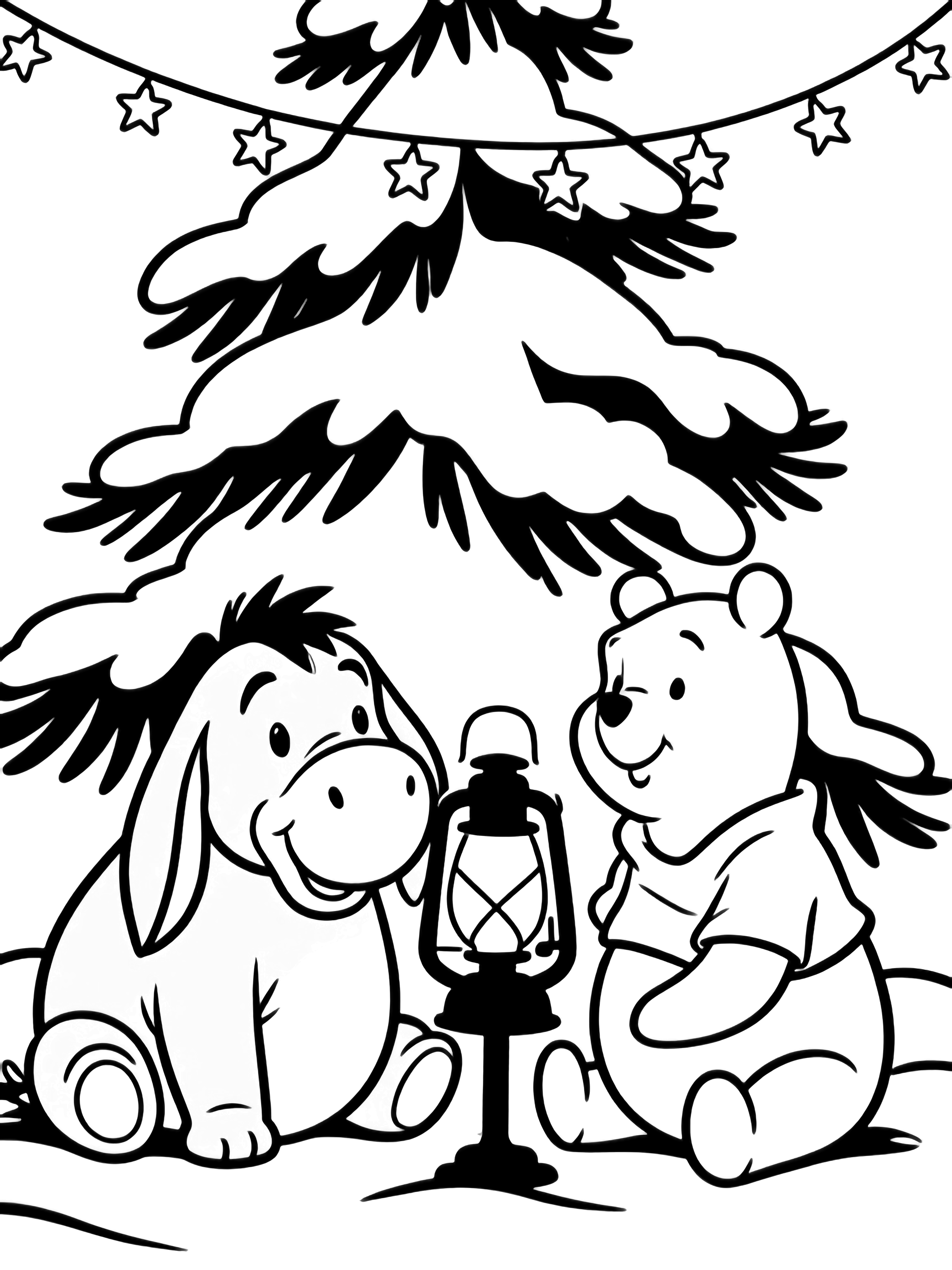 illustration on a Eeyore and Pooh sit side by side beneath a snow dusted pine; a large simple lantern stands between them and a loose string of star shaped lights arcs gently overhead all in clean black outlines on white clean black kleurplaat