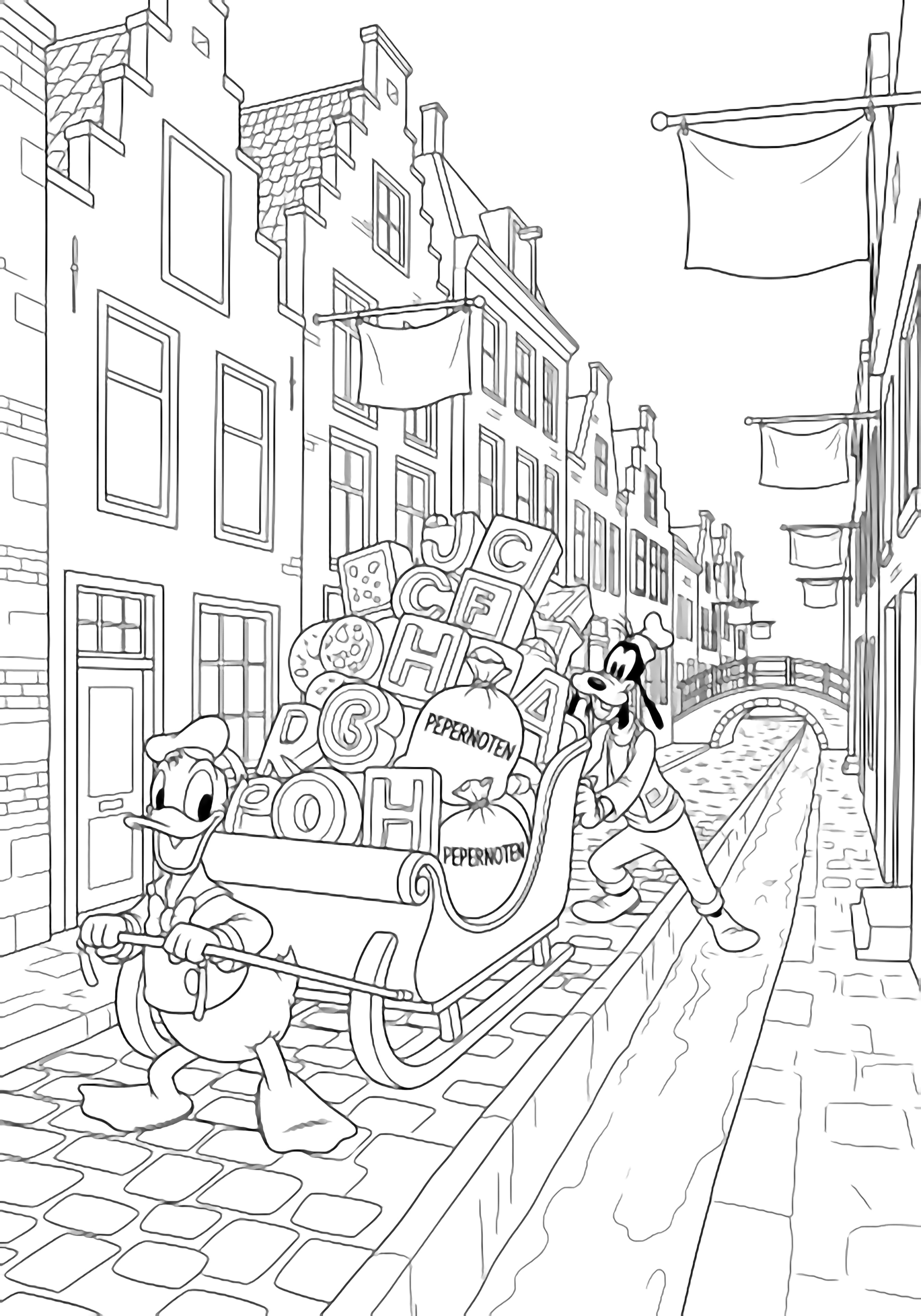 Donald and Goofy pull a sleigh of giant chocolate letters and pepernoten sacks along a canal street past stepped-gable houses, a tiny arched bridge, and fluttering banners. kleurplaat