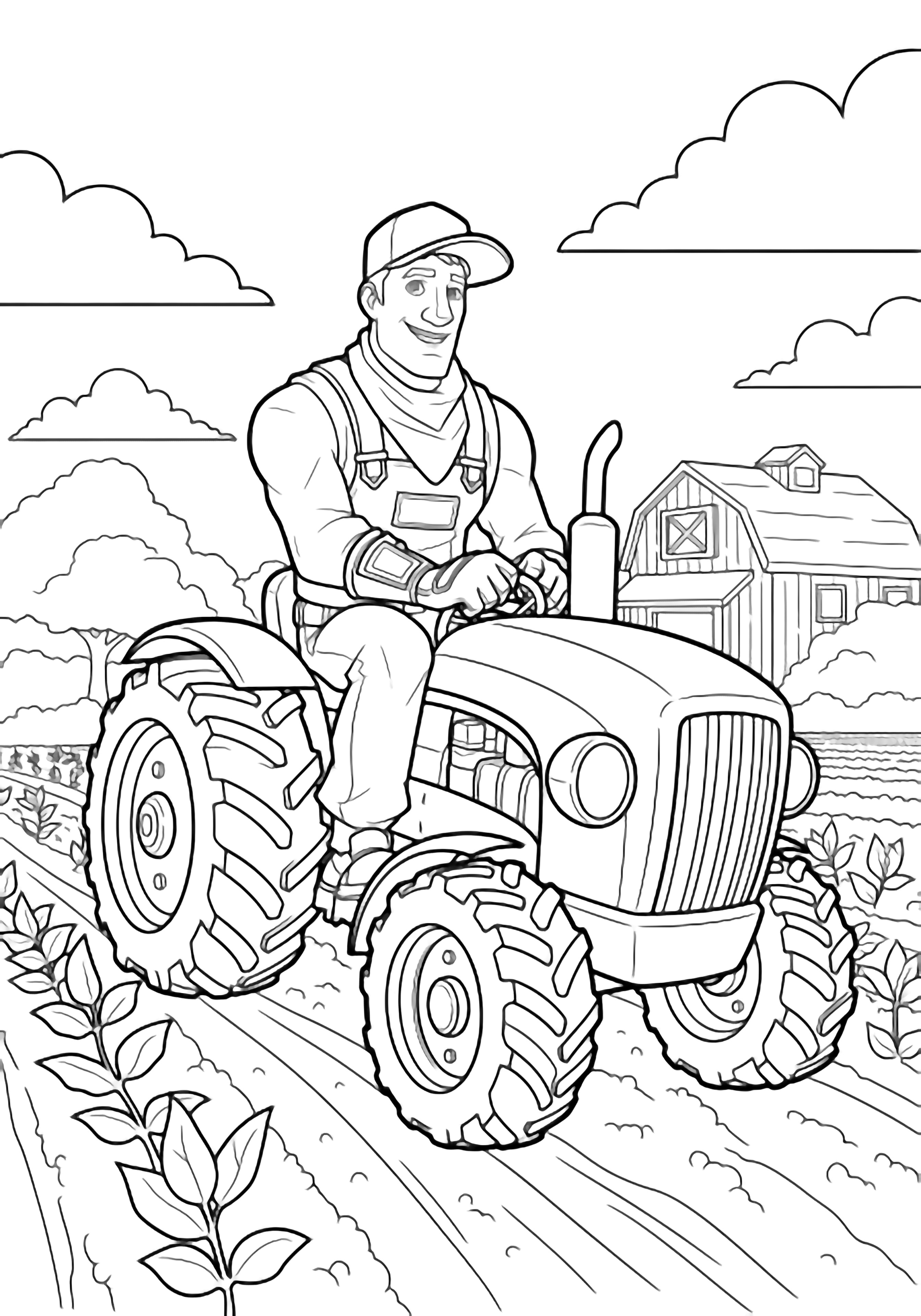 Jonesy in overalls and cap smiles on a chunky tractor between two crops, barn and fluffy clouds behind kleurplaat