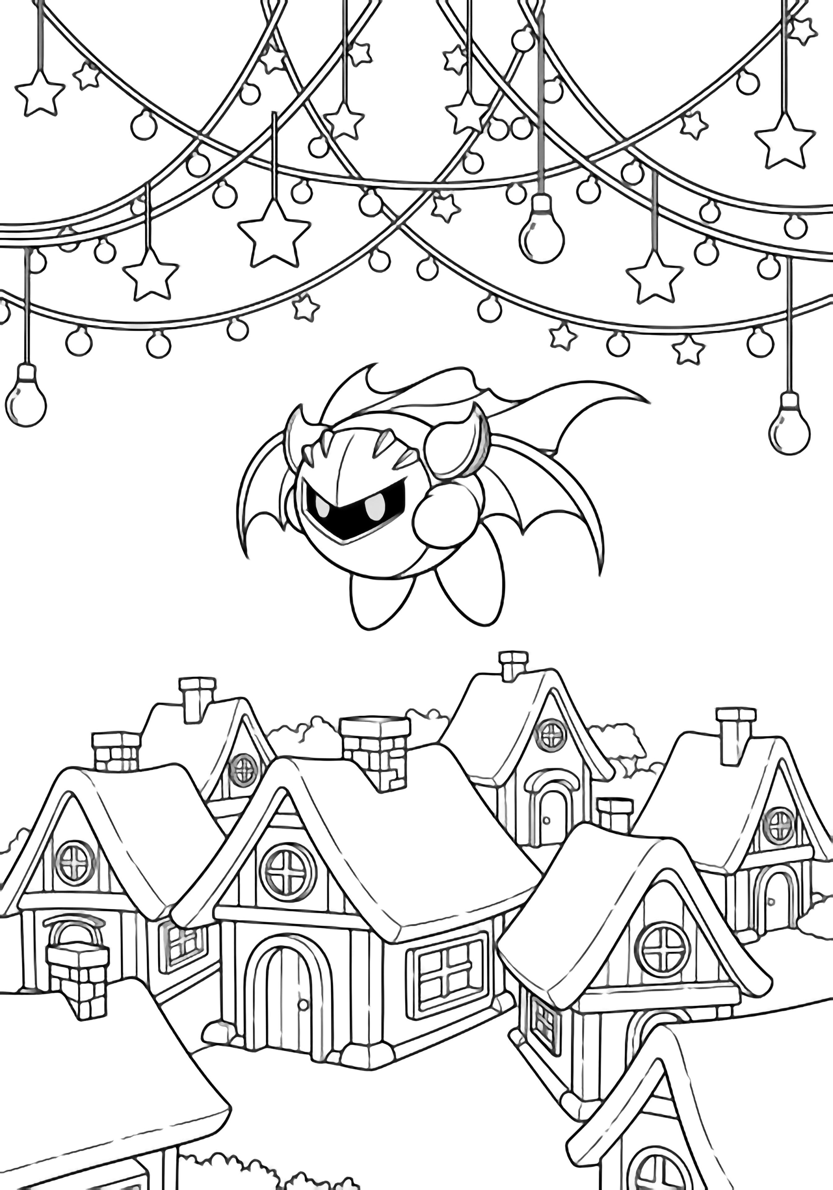Meta Knight glides above a cozy village of cottages; looping garlands, stars, and hanging bulbs frame the sky. kleurplaat