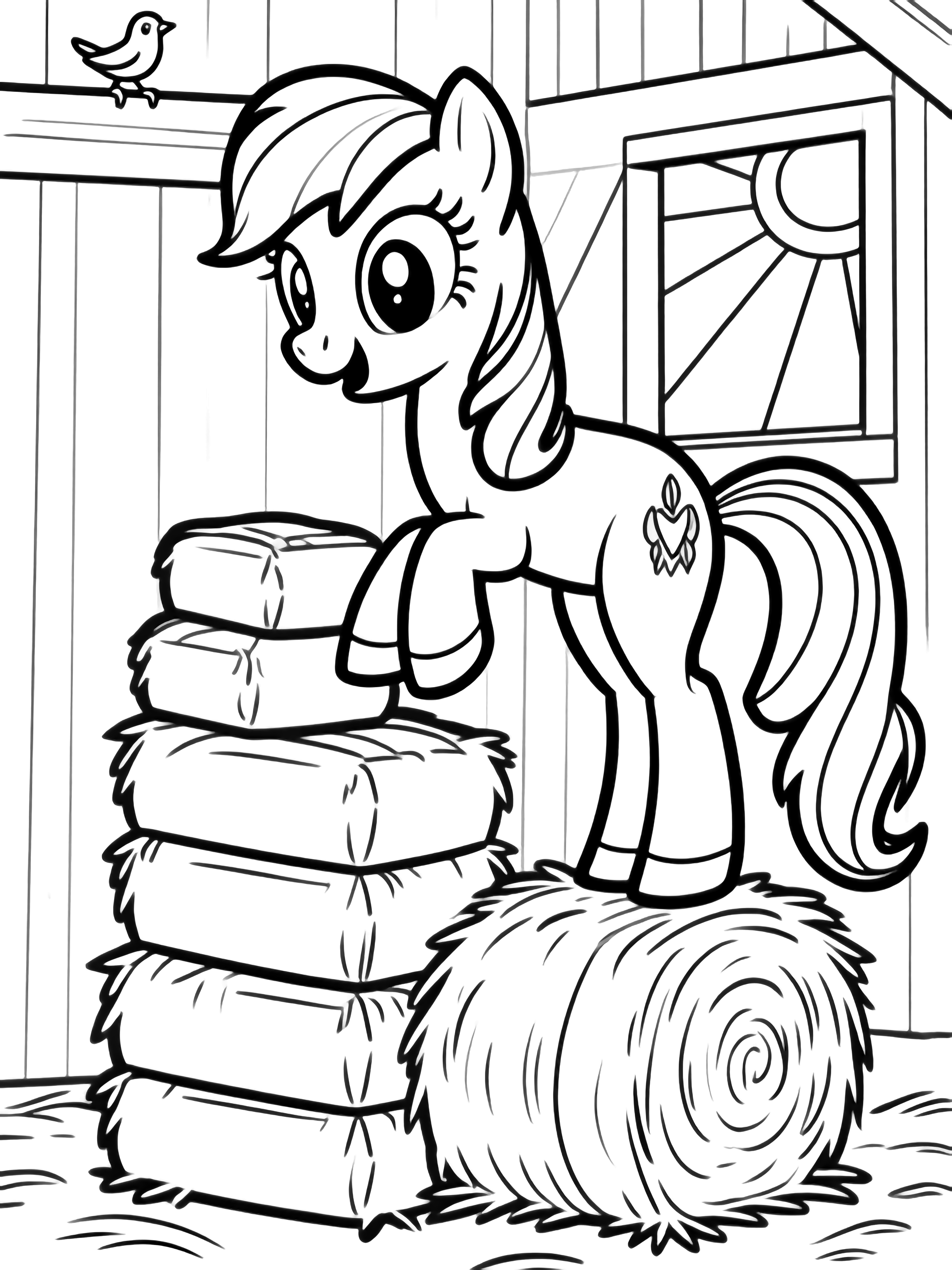 Applejack on a hay bale in a barn, lifting another bale onto a stack, sunbeams through an open window, small bird on a beam. kleurplaat