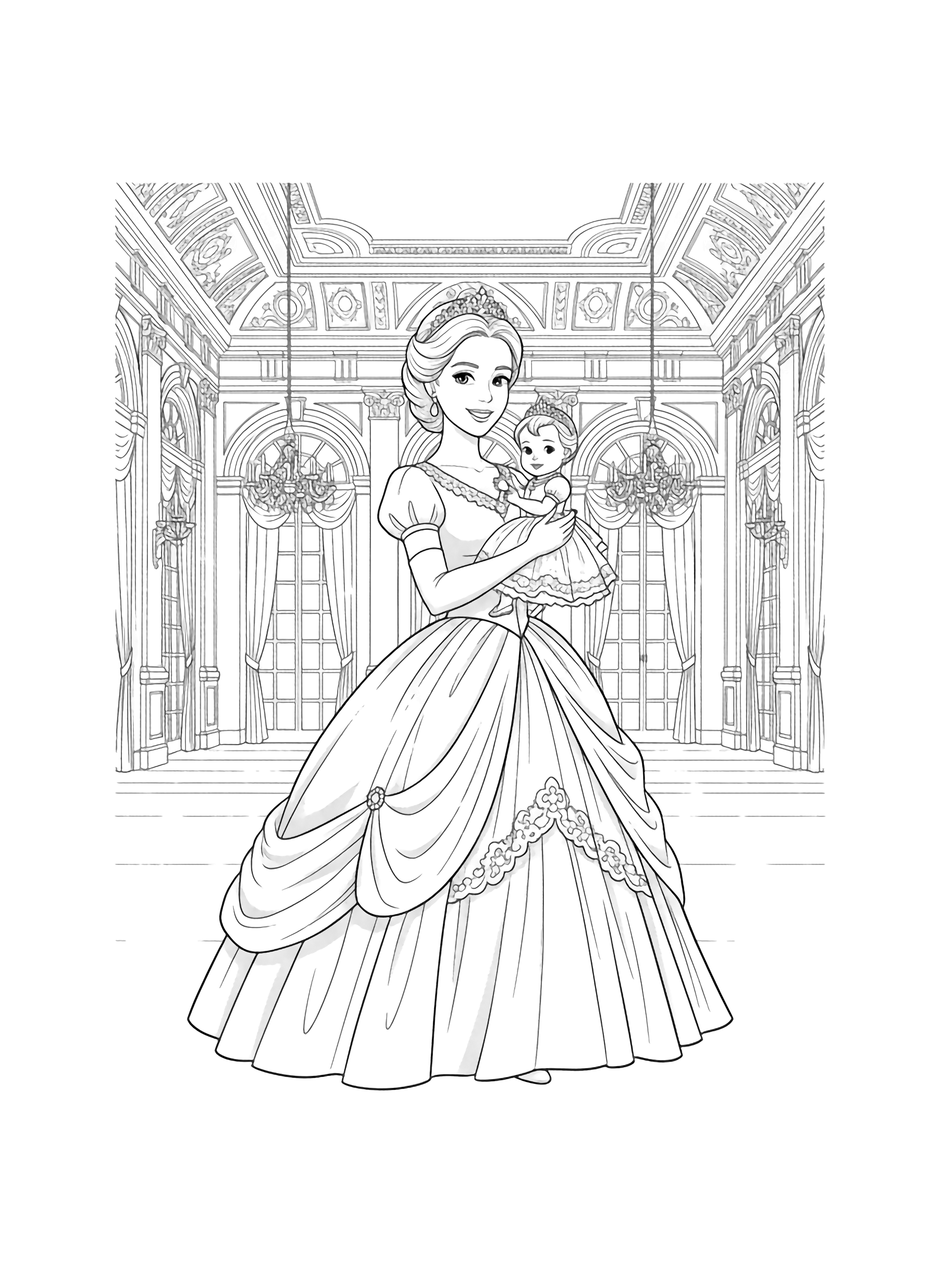 A black and white page showing a smiling British princess cradling her tiny princess baby in a grand palace ballroom The princess wears an elegant Victorian style ball gown with a sweeping crinkled skirt long formal gloves and a small tiara Her baby daughter mirrors her attire in miniature form with a miniature clean black and white line drawing minimal shading no colour no fill kleurplaat