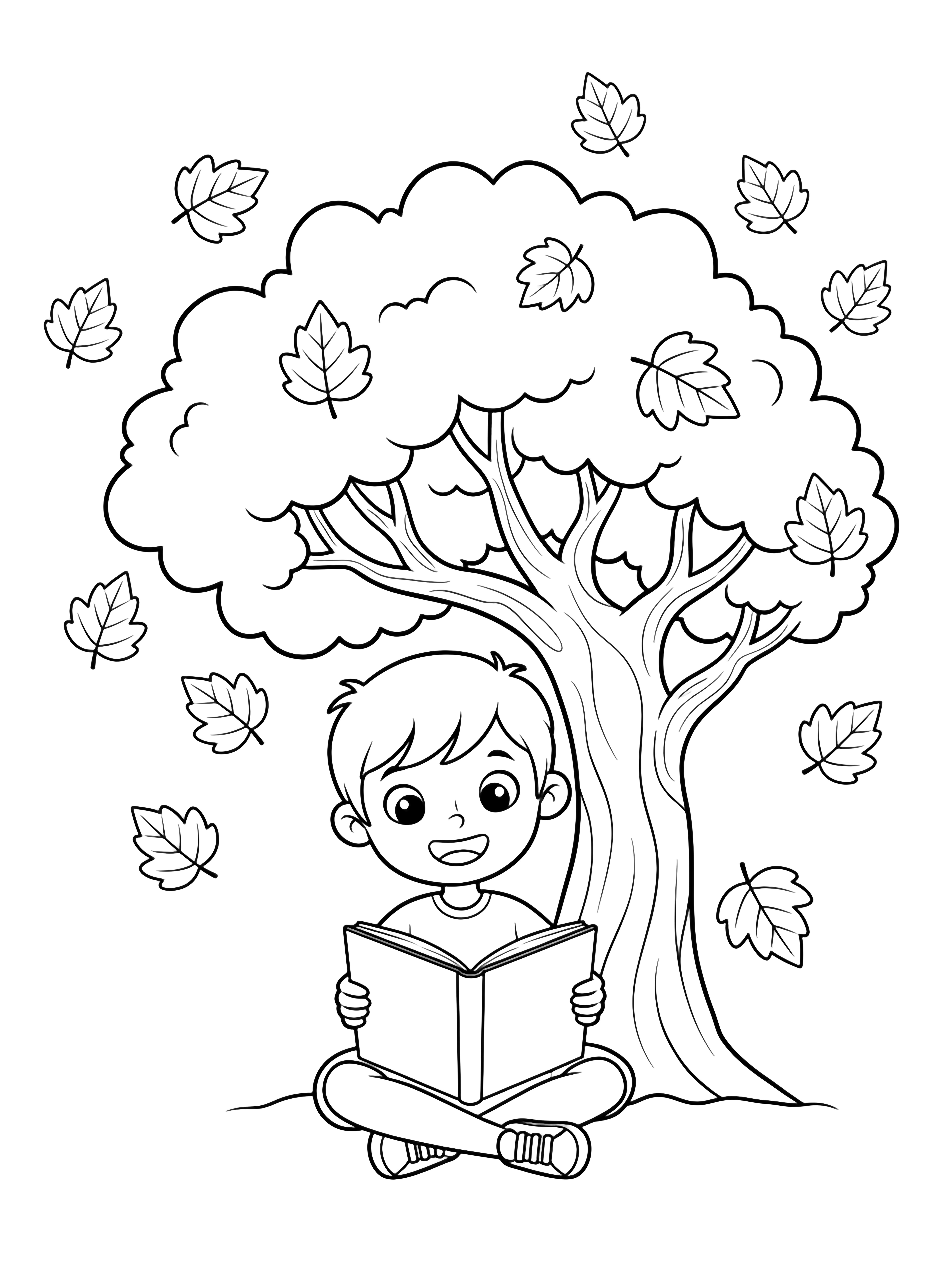 A smiling child sits cross-legged beneath a large tree, reading an open book while oversized leaves drift around them. kleurplaat
