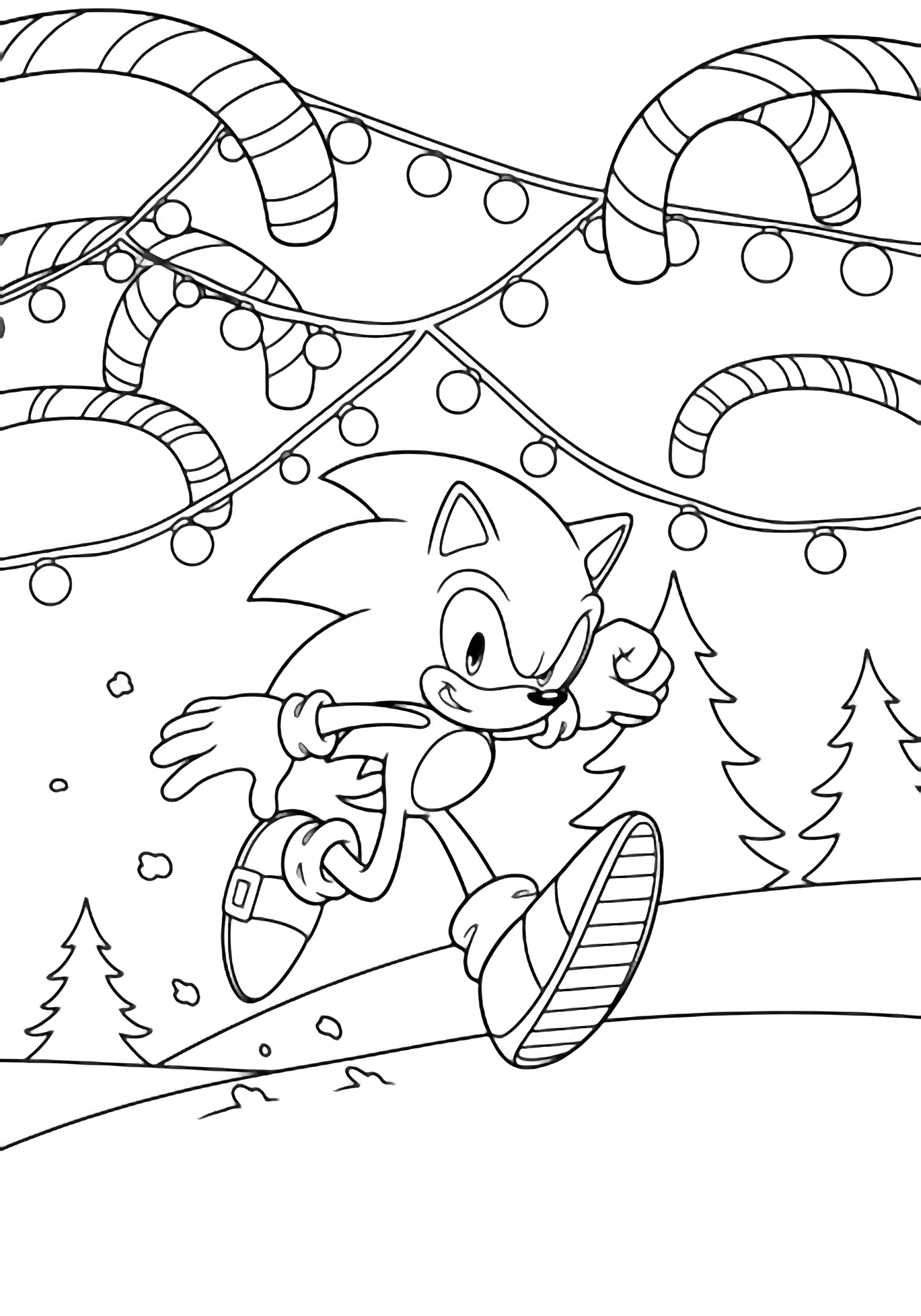 illustration on a Sonic dashes across a blank snow hillside candy cane arches overhead string lights looping between simple pine trees; his spikes gloves shoes outlined boldly empty spaces ready to color no fills or shading kleurplaat