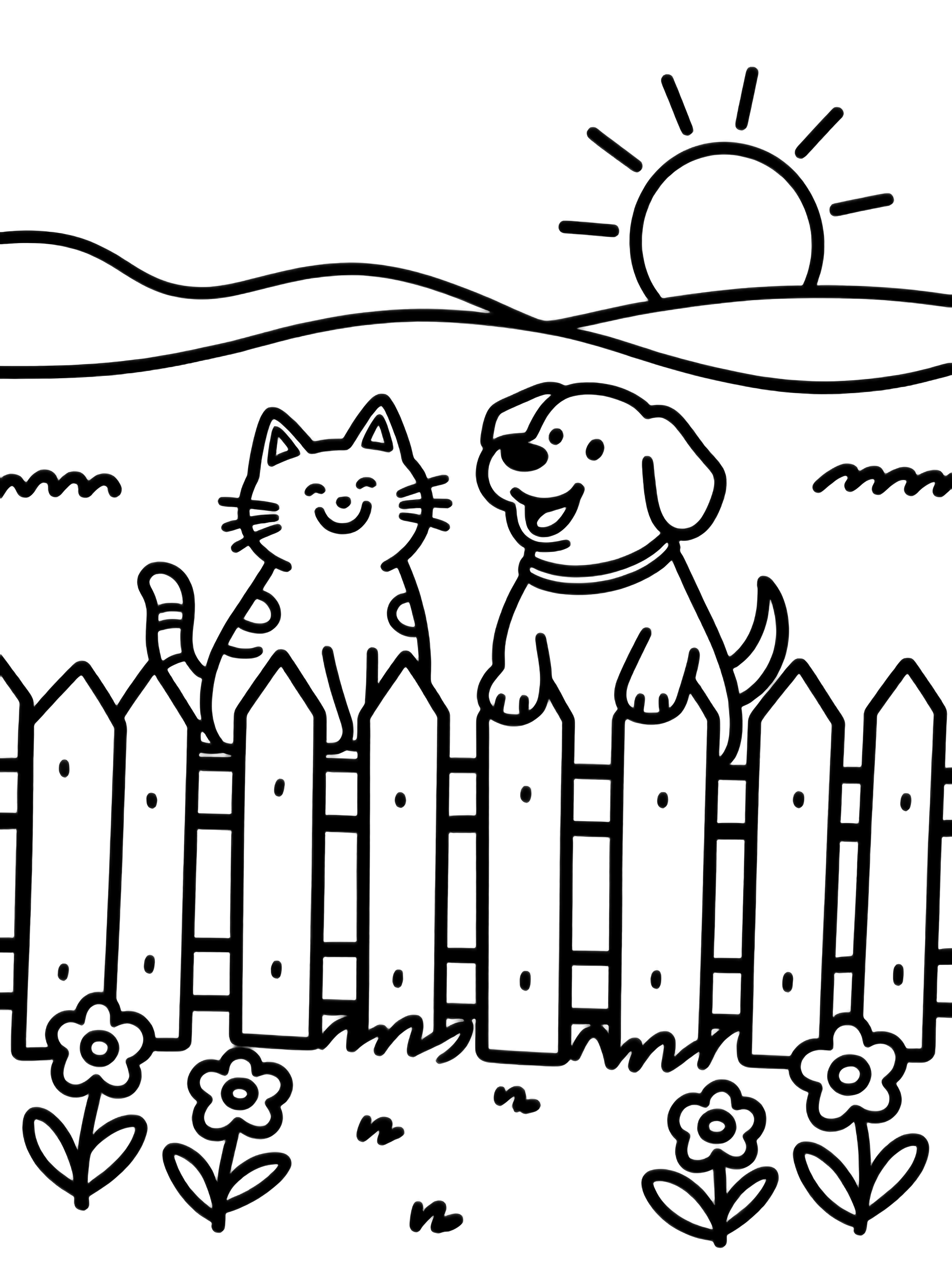 A smiling cat and happy dog sit together beside a picket fence, facing sunrise rays, with garden flowers below and a wavy horizon behind. kleurplaat
