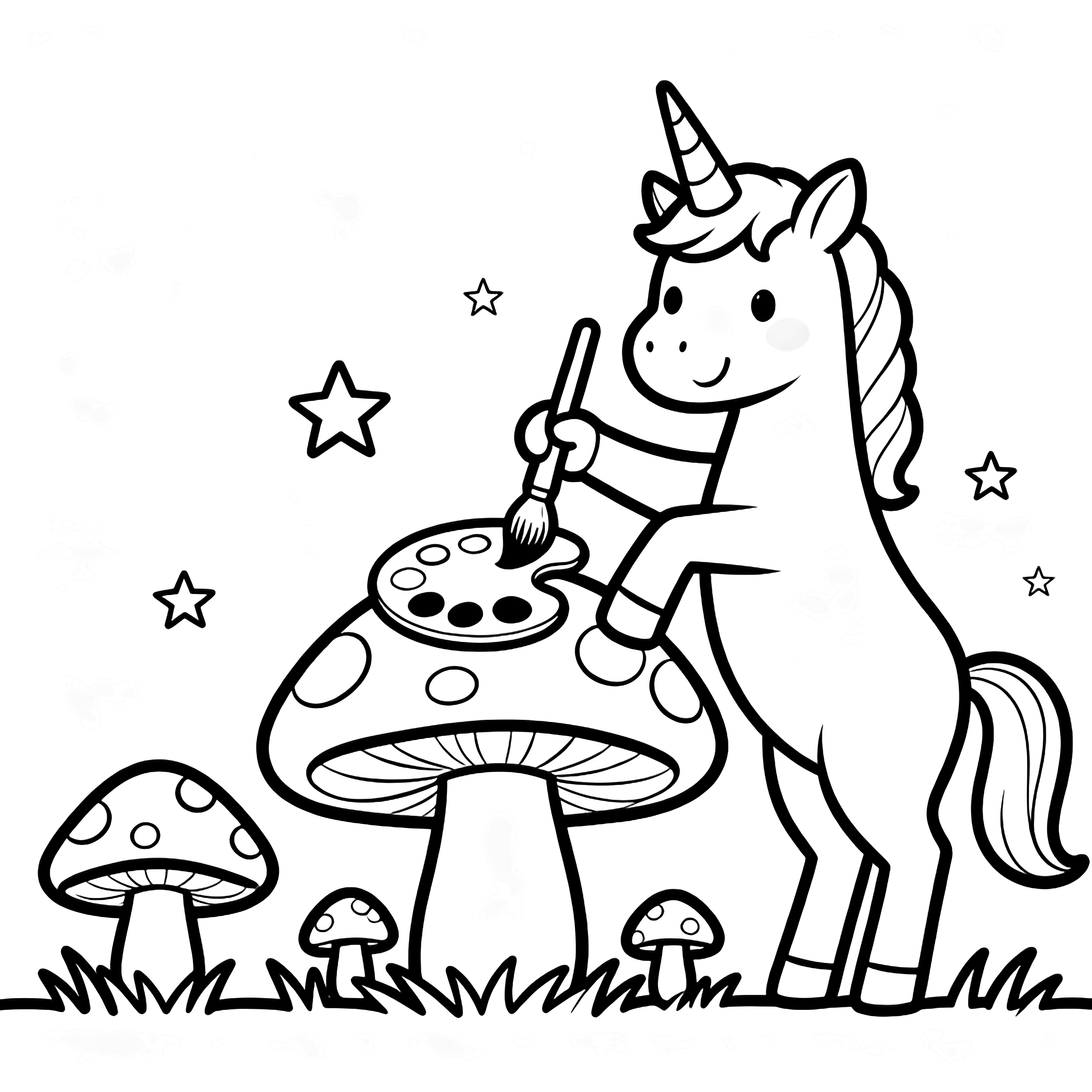 A unicorn rears up, paintbrush poised over a giant mushroom; tiny mushrooms, a palette and stars drift nearby, simple grass below. kleurplaat