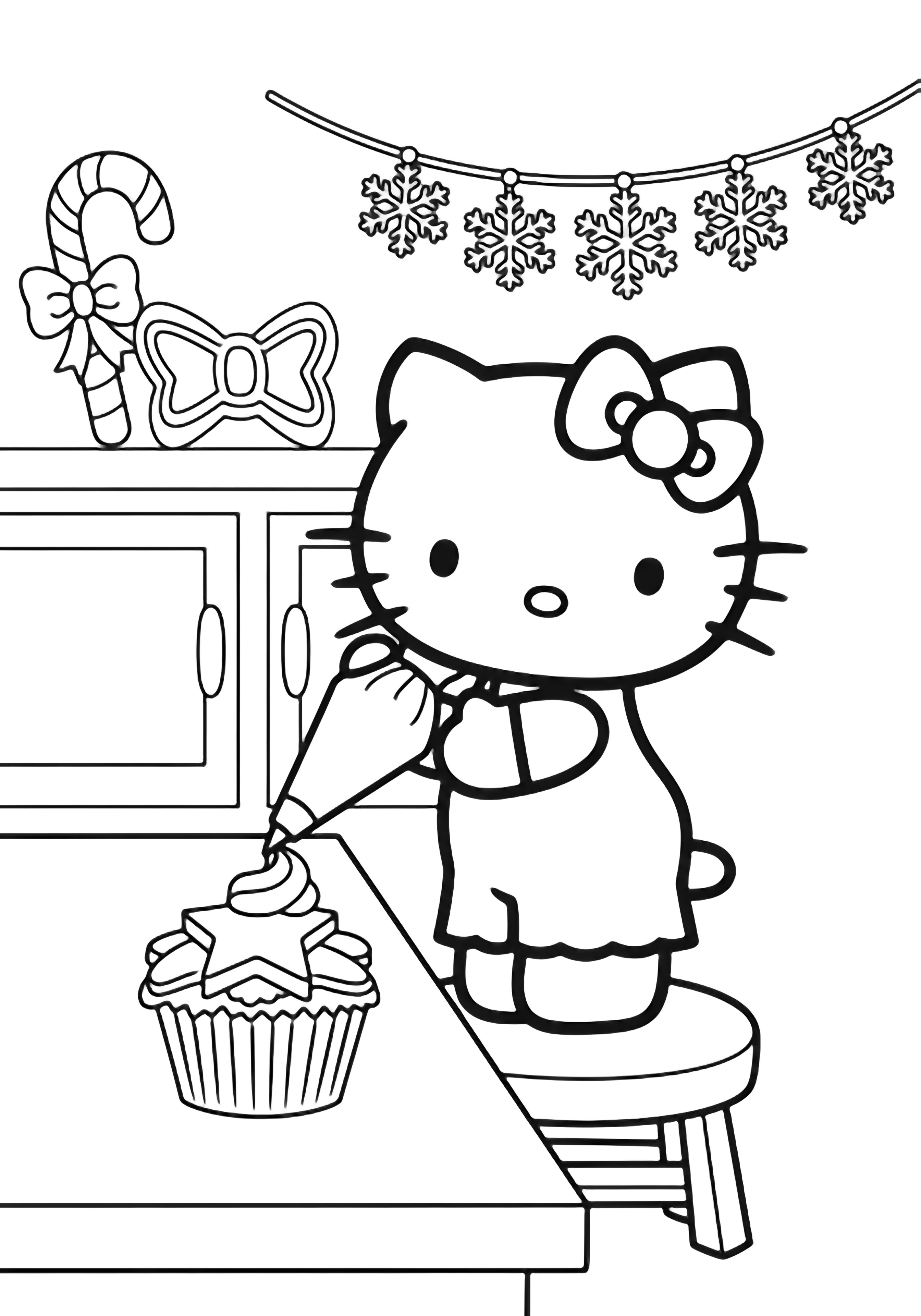 Hello Kitty on a stool piping frosting onto star cupcakes, candy canes, bow cutter, snowflake garland behind her. kleurplaat