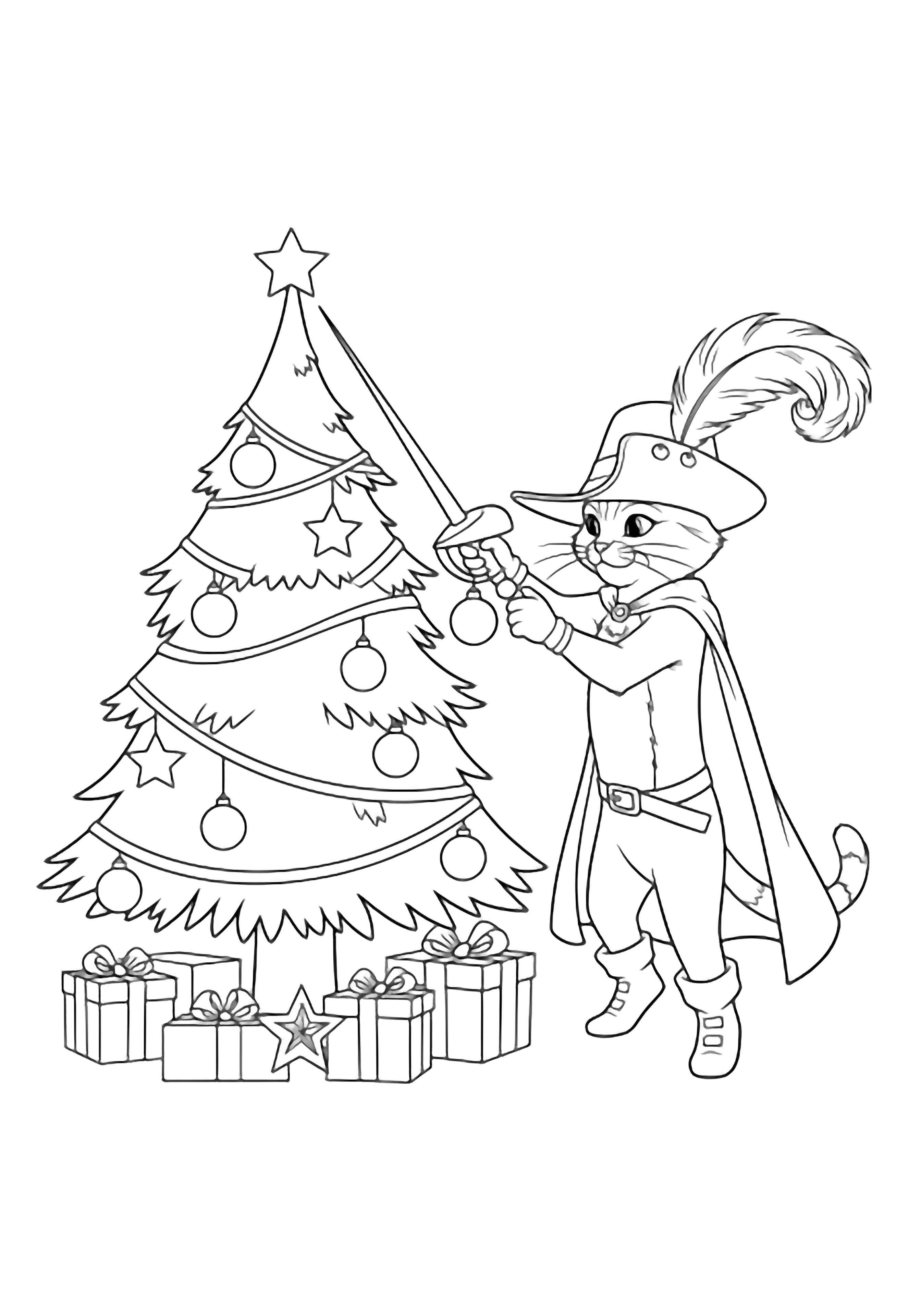 Puss in Boots, feathered hat, on tiptoe beside a Christmas tree, hanging a bauble with his sword; simple gifts and star beneath. kleurplaat
