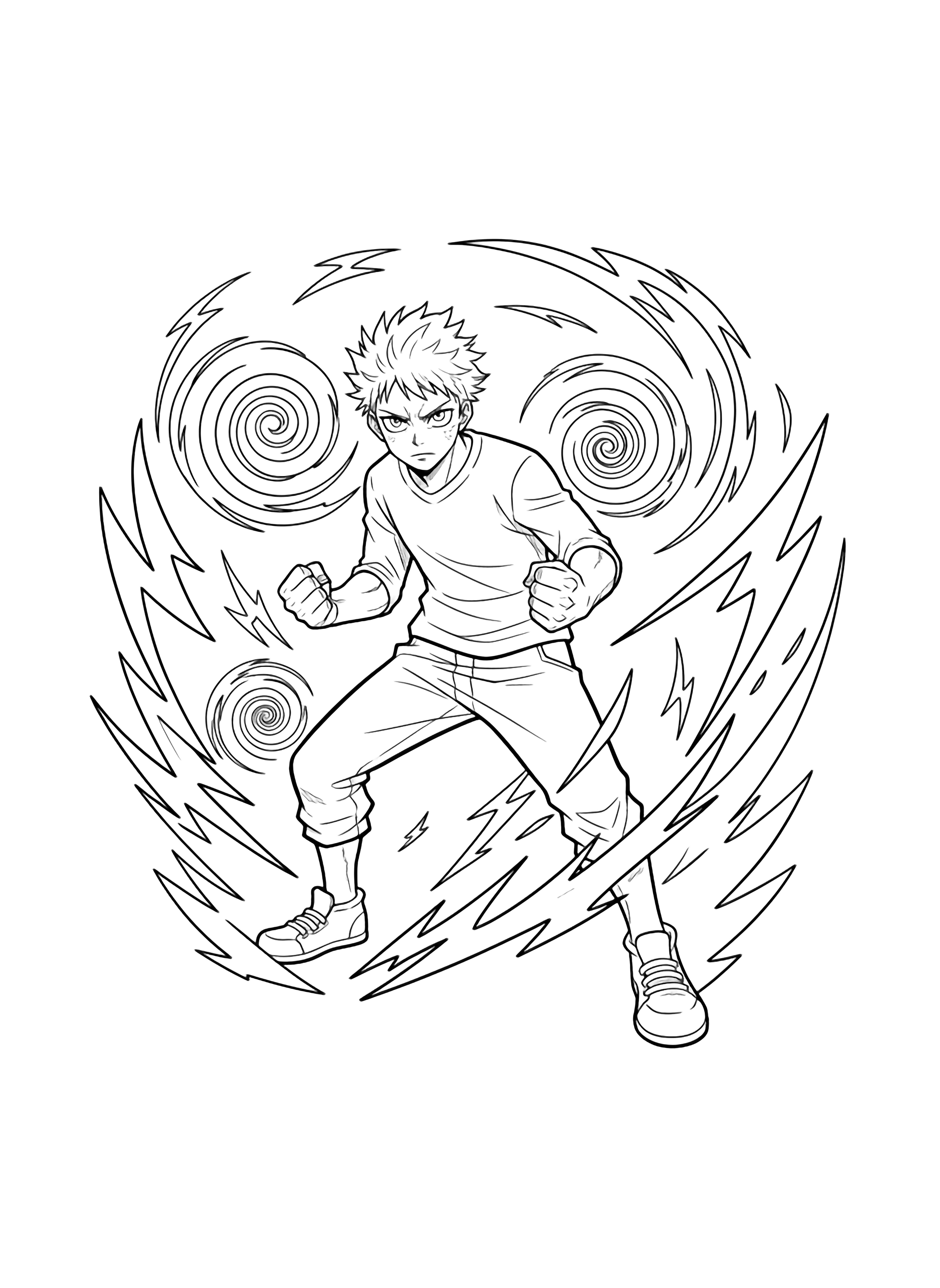 Yuji poised with clenched fists, surrounded by swirling spirals and jagged energy shapes. kleurplaat