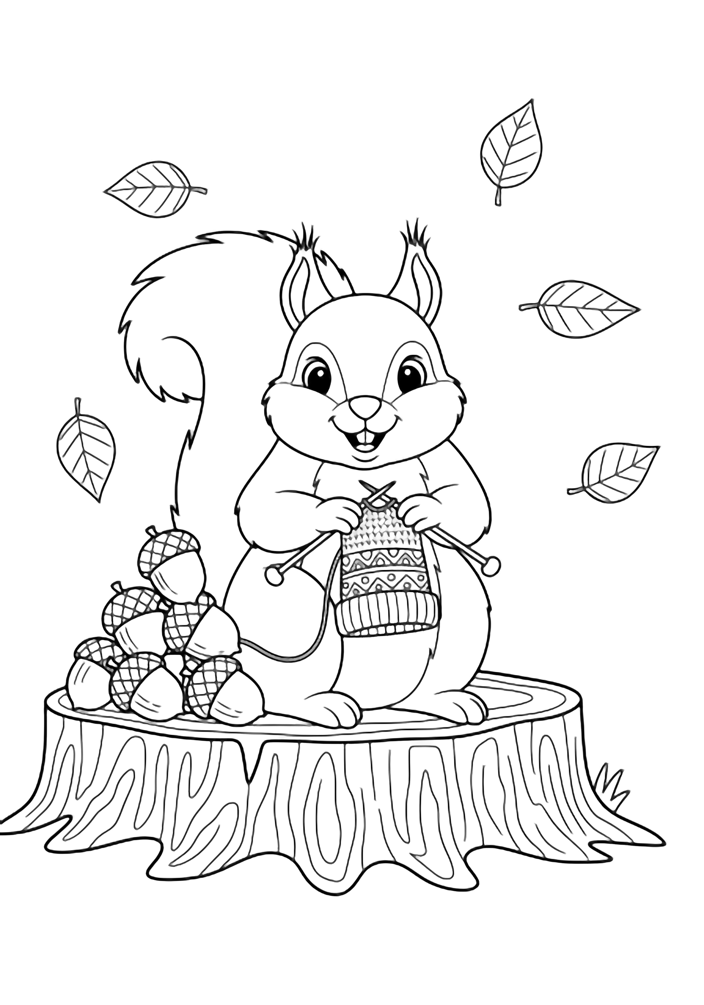 A cheerful squirrel on a stump knits a tiny hat; stacked acorns rest beside its fluffy tail while simple leaves drift behind. kleurplaat