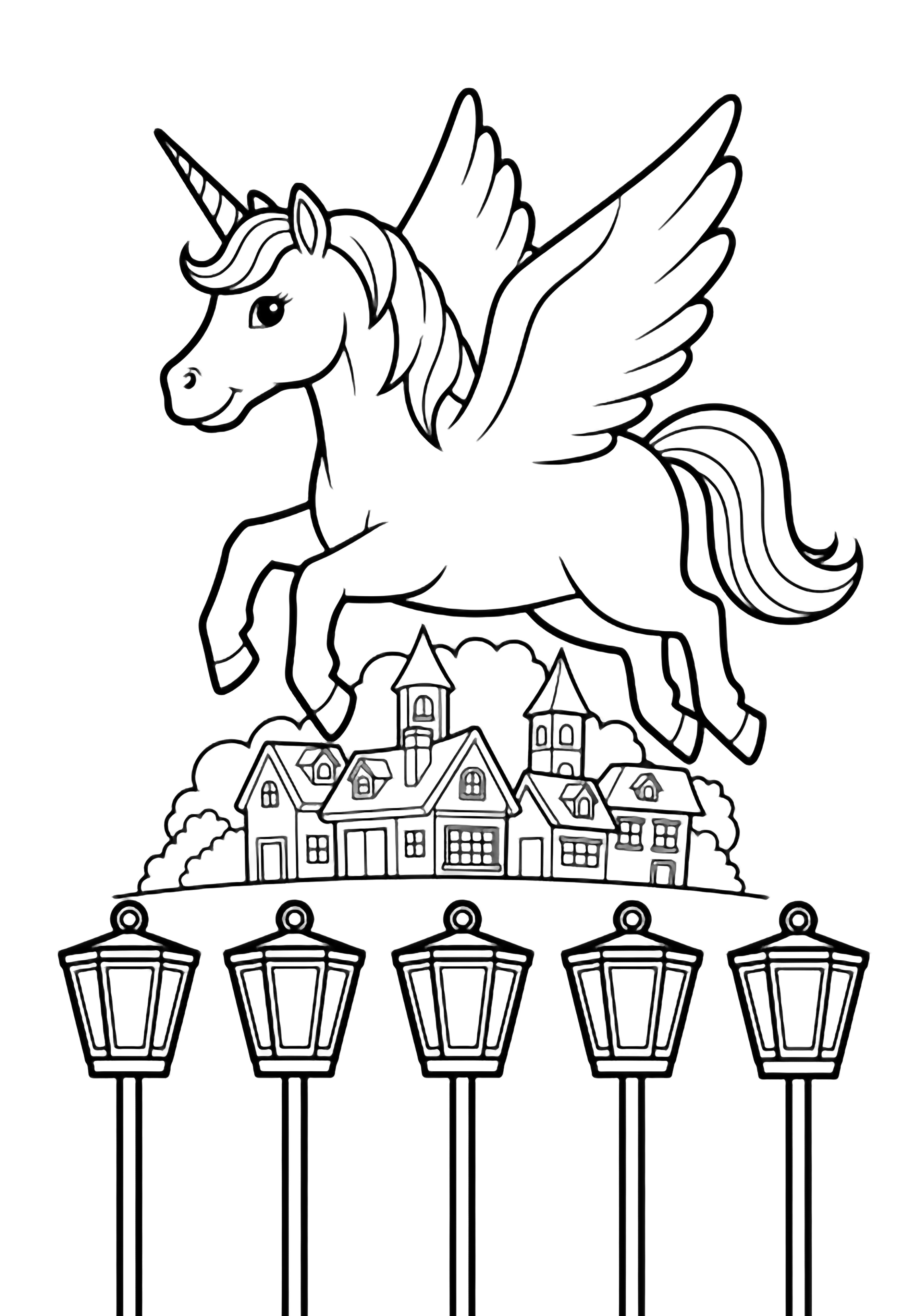 A smiling unicorn with a simple mane soars above a small town; below, five lanterns on poles. kleurplaat