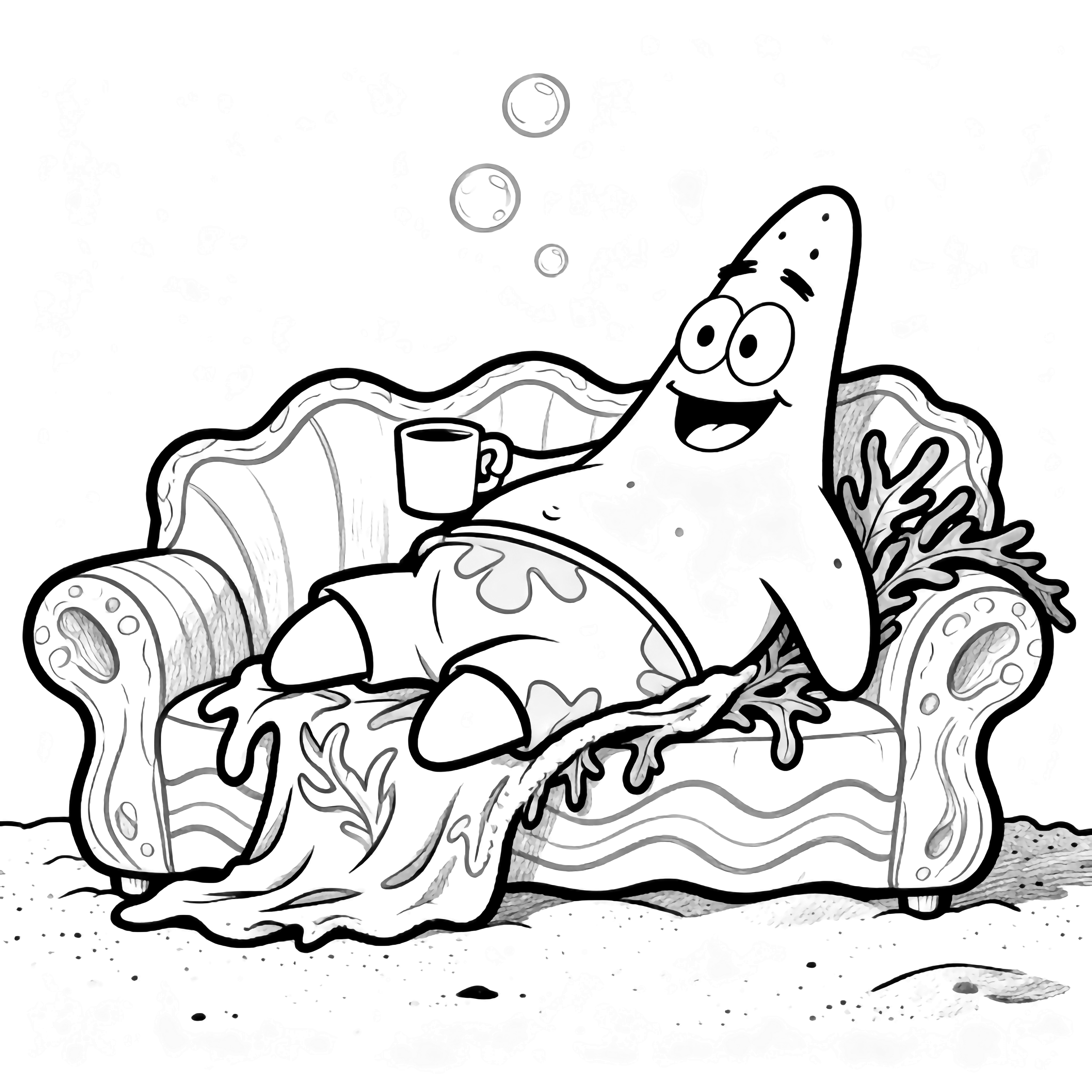 Patrick Star lounges on a wavy coral couch, seaweed blanket over him, hugging an empty mug; bubbles float above a sandy floor. kleurplaat
