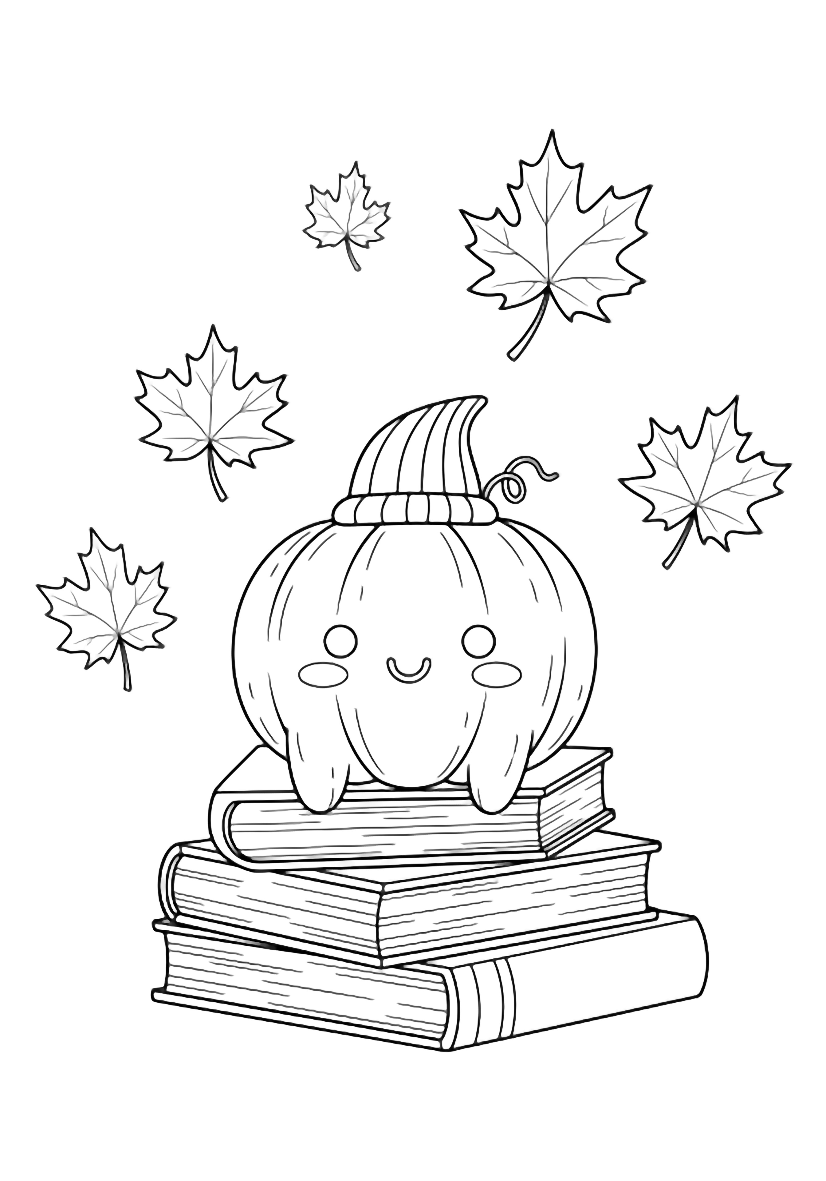 A kawaii pumpkin with a tiny striped hat grins atop three stacked books while five large maple leaves drift around it. kleurplaat