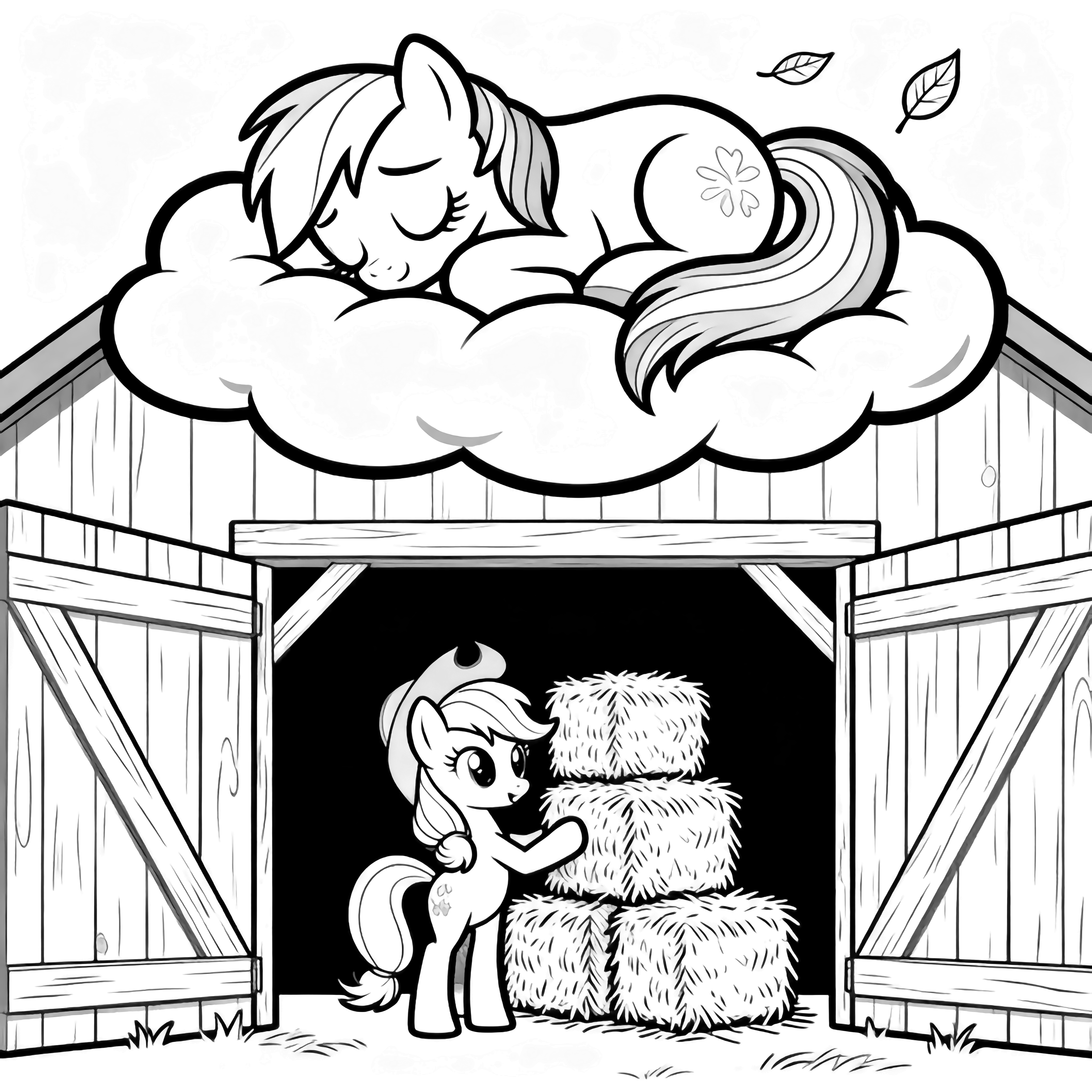 Rainbow Dash napping on a cloud, two leaves drifting by; Applejack stacking hay bales in a barn doorway below. kleurplaat